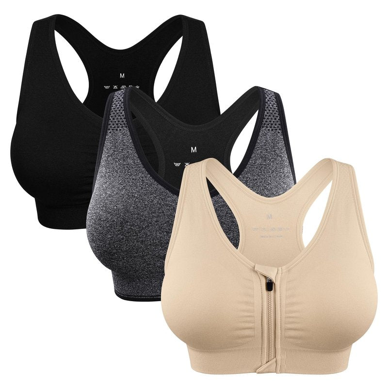 Women's Zip Front Sports Bra Wireless Post-Surgery Bra Zipper Closure Bras Padded Surgical Bra Racerback Workout Gym Yoga Bras 3 Pack Zip Up Compression Bras
