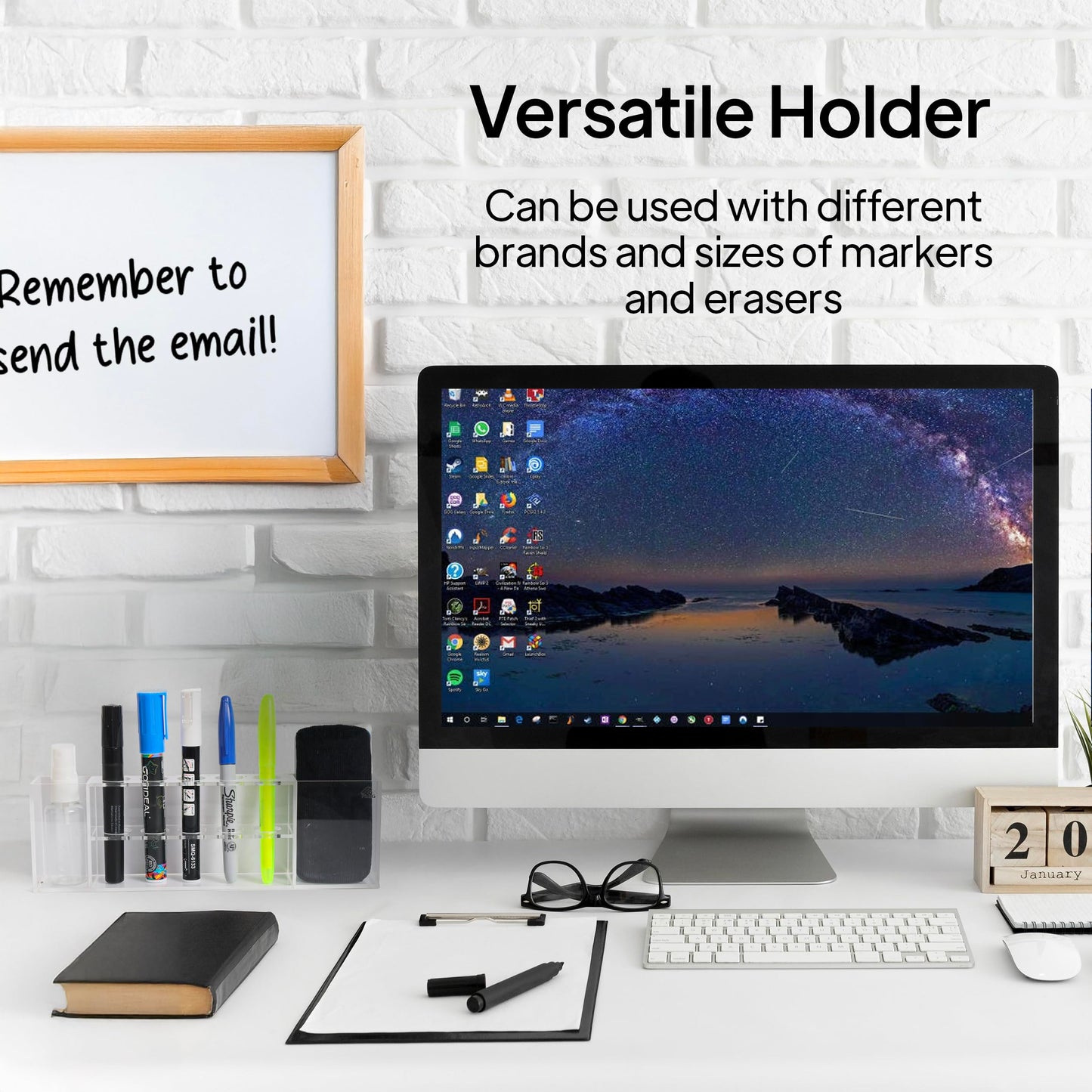 Slim Magnetic Dry Erase Marker Holder for Whiteboard, Space Saving Pen Organizer with Glass and Wall Mount Accessories for Fridge, Office, and School. Markers, Eraser, Cleaner Not Included (Clear)