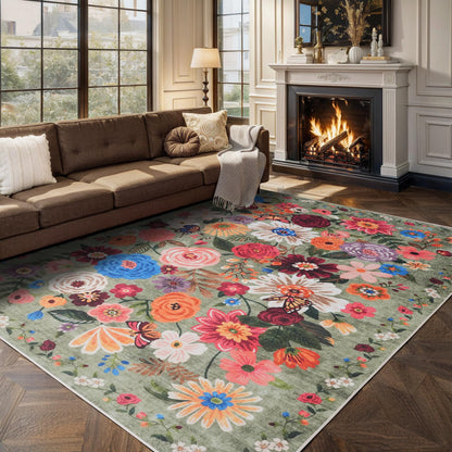 Babovid Green Area Rugs 10x14 for Living Room, Non Slip Machine Washable Floral Rugs, Low Pile Lightweight Large Rug for Bedroom, Dining Room, Home Office