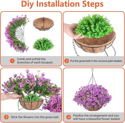 Artificial Hanging Faux Flowers Basket, Fake Silk Daisy Eucalyptus Plants Arrangement,for Spring Summer Outdoor Decoration,UV Resistant, Coconut Planter,Look Real for Home Garden Decor (Purple)