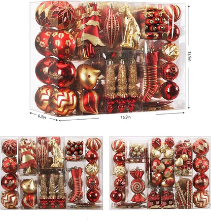 SHareconn 145pcs Christmas Balls Ornaments Set, Shatterproof Plastic Baubles Snowflakes, Stars and Tree Topper for Xmas Tree Holiday Wedding Party Decorations with Hanging Strings, Gold and Red