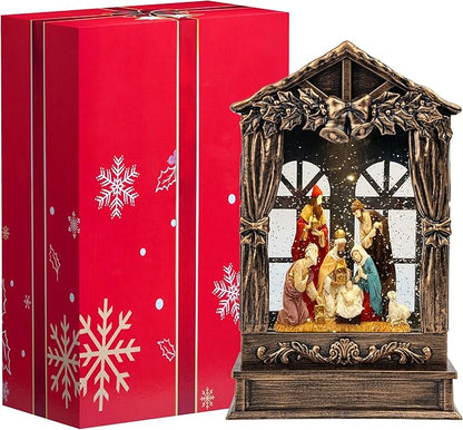 Three Kings Three Saints Window Christmas Snow Globe Swirling Glittering Nativity Figurines Manger Scene, USB Lined/Battery Operated Lighted Water Lantern for Christmas Festival Decoration Gifts