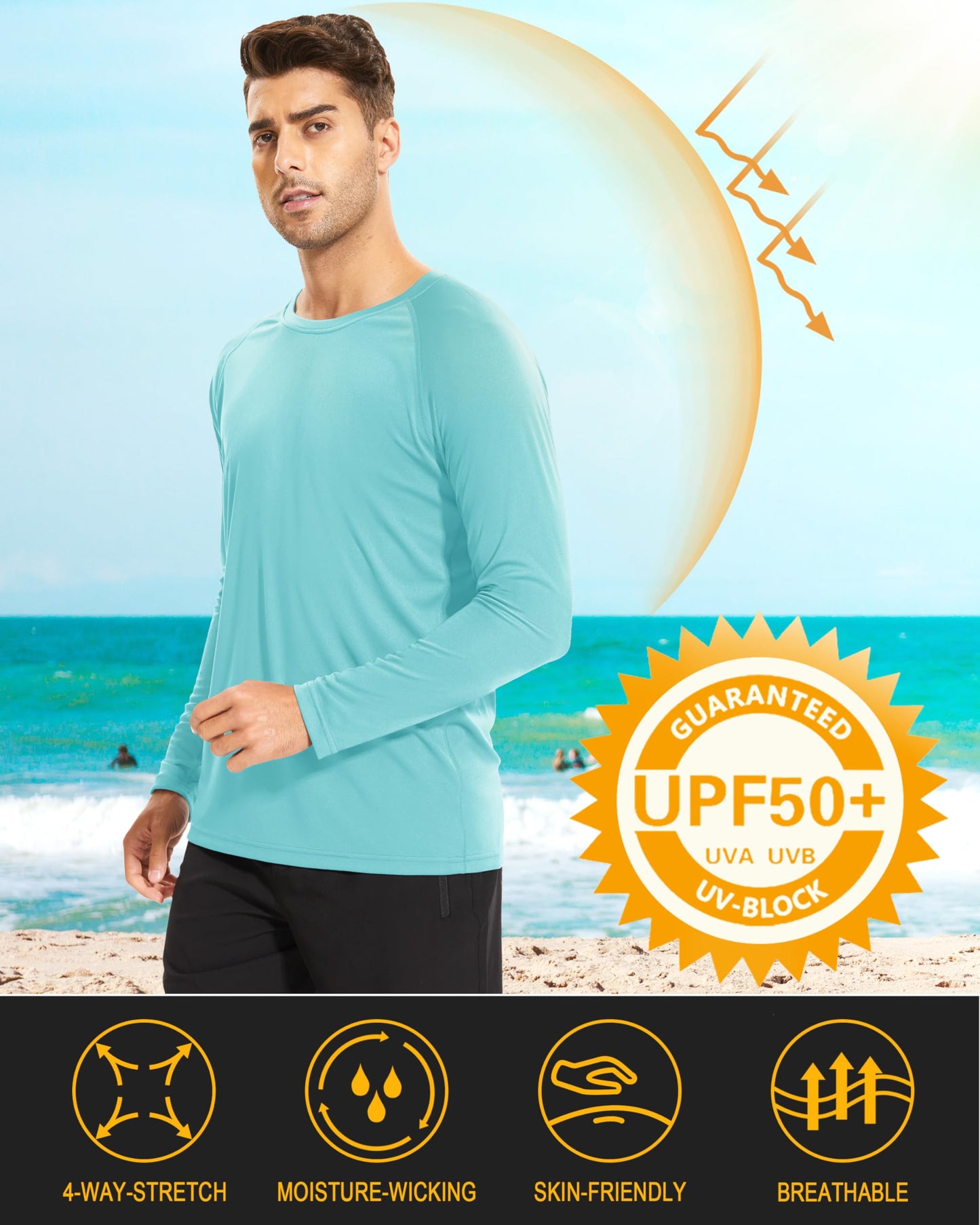 Workout Shirts for Men Long Sleeve UPF 50 Protection Shirts Quick Dry Shirts Sun Protection Shirts Athletic Shirts Aqua Blue