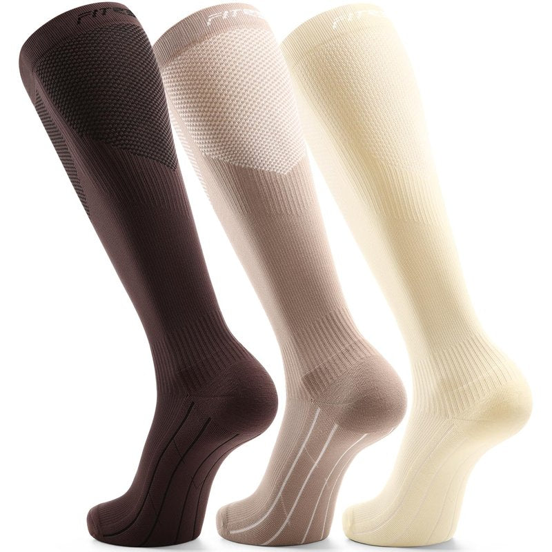 FITRELL 3 Pairs Compression Socks for Women and Men 20-30mmHg- Support Socks for Travel, Running, Nurse, Knee High Socks, Tan+Almond+Khaki S/M