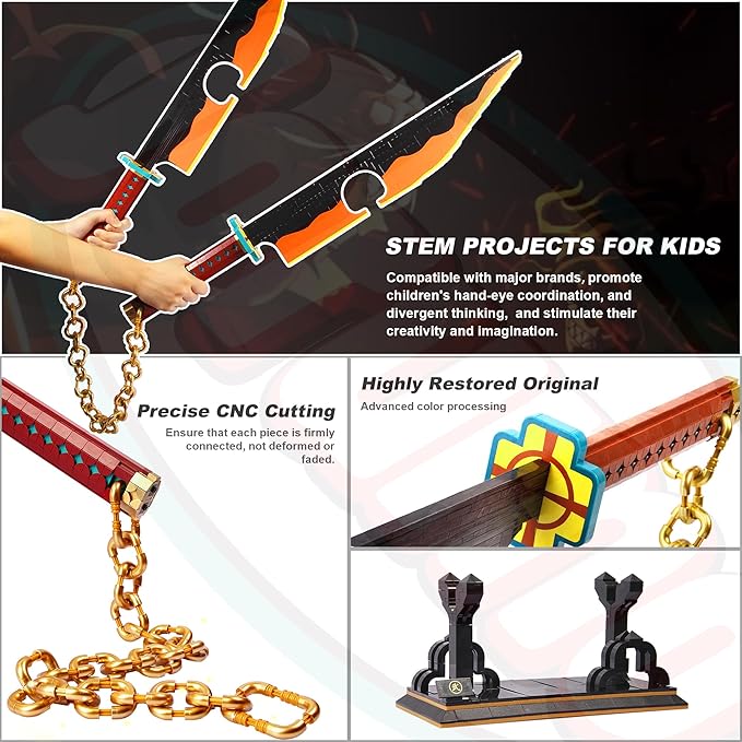 Jorumo Sword Building Set 82in Double Blade Tengen Uzui Sword Building Block with Stand Handmade Cosplay Anime Sword Toy Building Set for Collecting and Gifting 1478Pcs