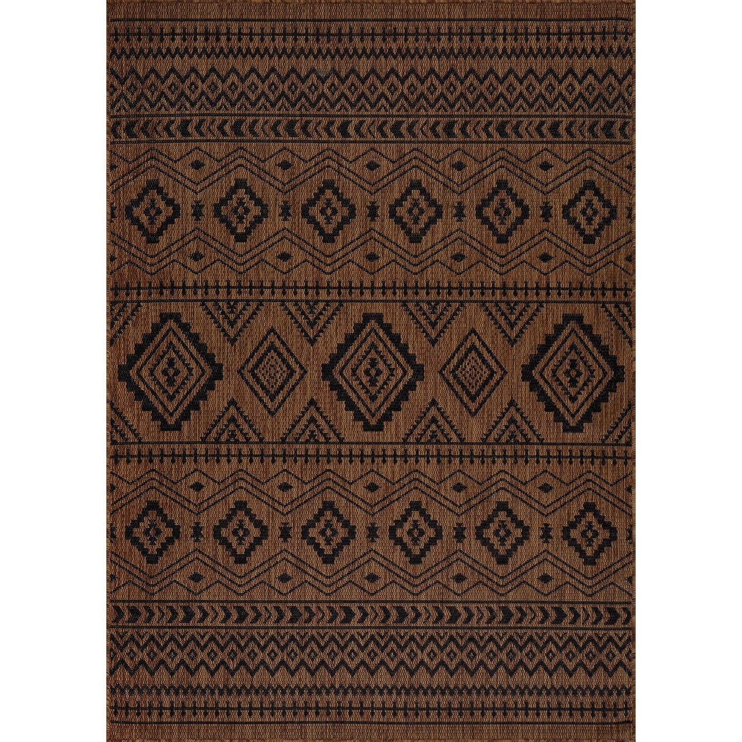Beverly Rug Waikiki Boho Indoor Outdoor Rug 5x7, Washable Outside Carpet for Patio, Deck, Porch, Bohemian Area Rug, Farmhouse Rugs, Aztec Tribal Rug, Nut Brown and Black
