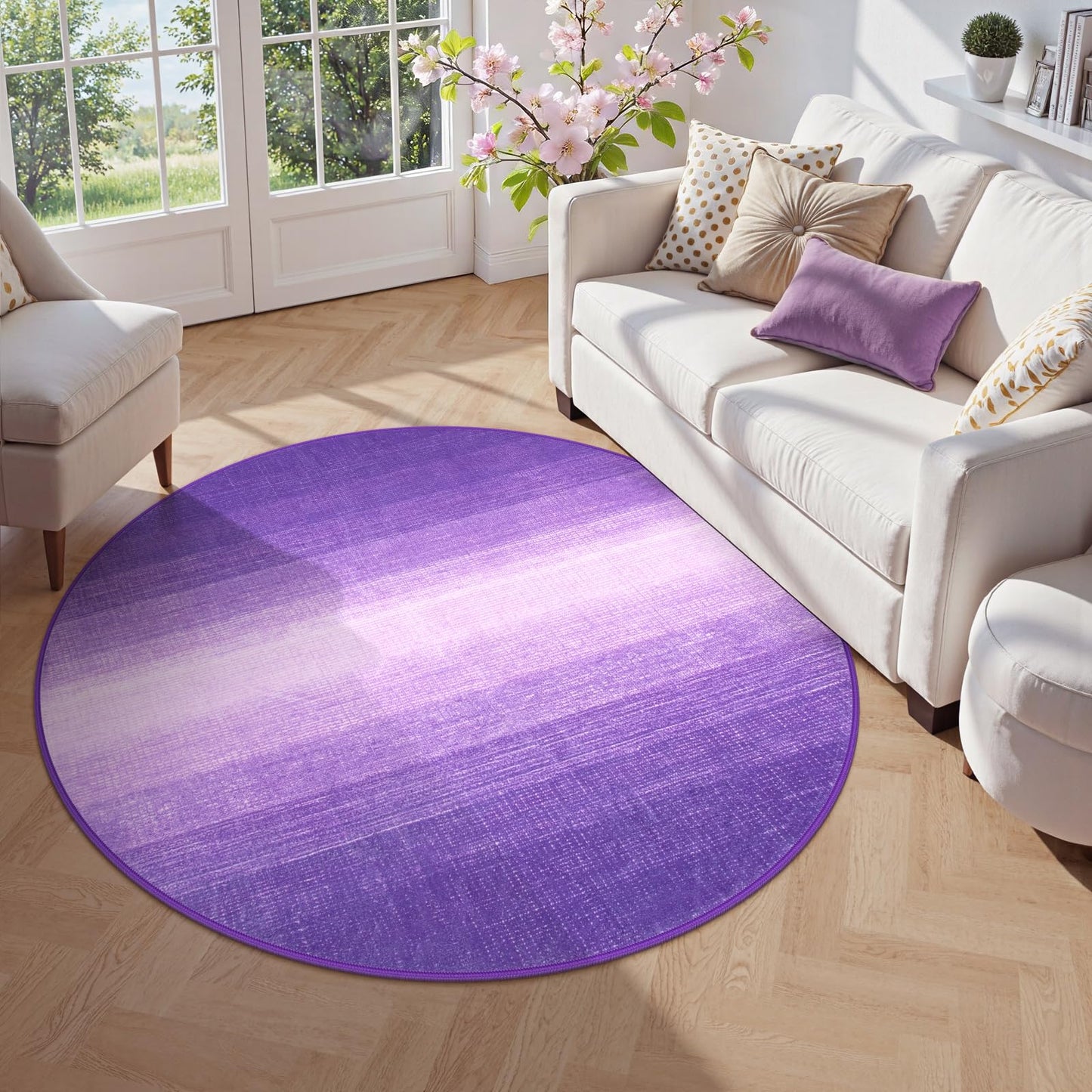 Wonnitar Modern Ombre Round Rugs 4ft, Washable Purple Bedroom Round Area Rug, Non-Slip Soft Circle Bathroom Throw Carpet, Gradient Low Pile Floor Mat for Bedside Entry (Purple, Round 4ft)