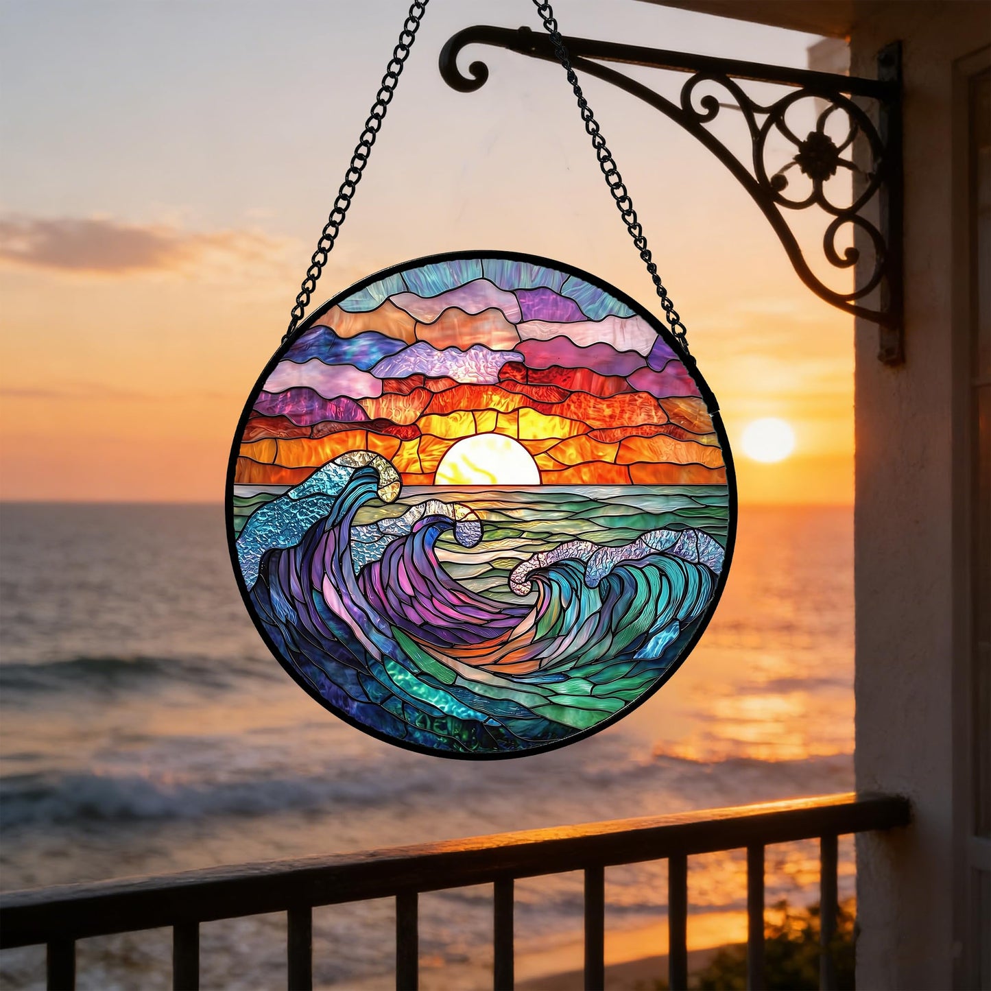 DASTOLL Stained Glass Window Hanging, Clouds and Sea Waves Suncatcher Diamond Glass Panel Hangings Scenery Sun Catchers Decor for Birthday for Women, Men, Wife, Aunt, and Mom 7.8 in