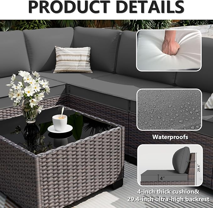ALAULM 7 Pieces Patio Furniture Set with Fire Pit Table 55000BTU, Oversized Seat/Armrest and High Back Wicker Conversation Set with Thick Cushion for Backyard, Garden, Grey
