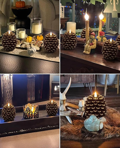 YAUNGEL 2 Pcs Pine Cone Candles Flameless with Remote Timer, Real Wax Christmas Battery Operated Pine Cone Candles, 3D Wick Battery Candle Flickering for Christmas Thanksgiving Day Holiday Home Decor