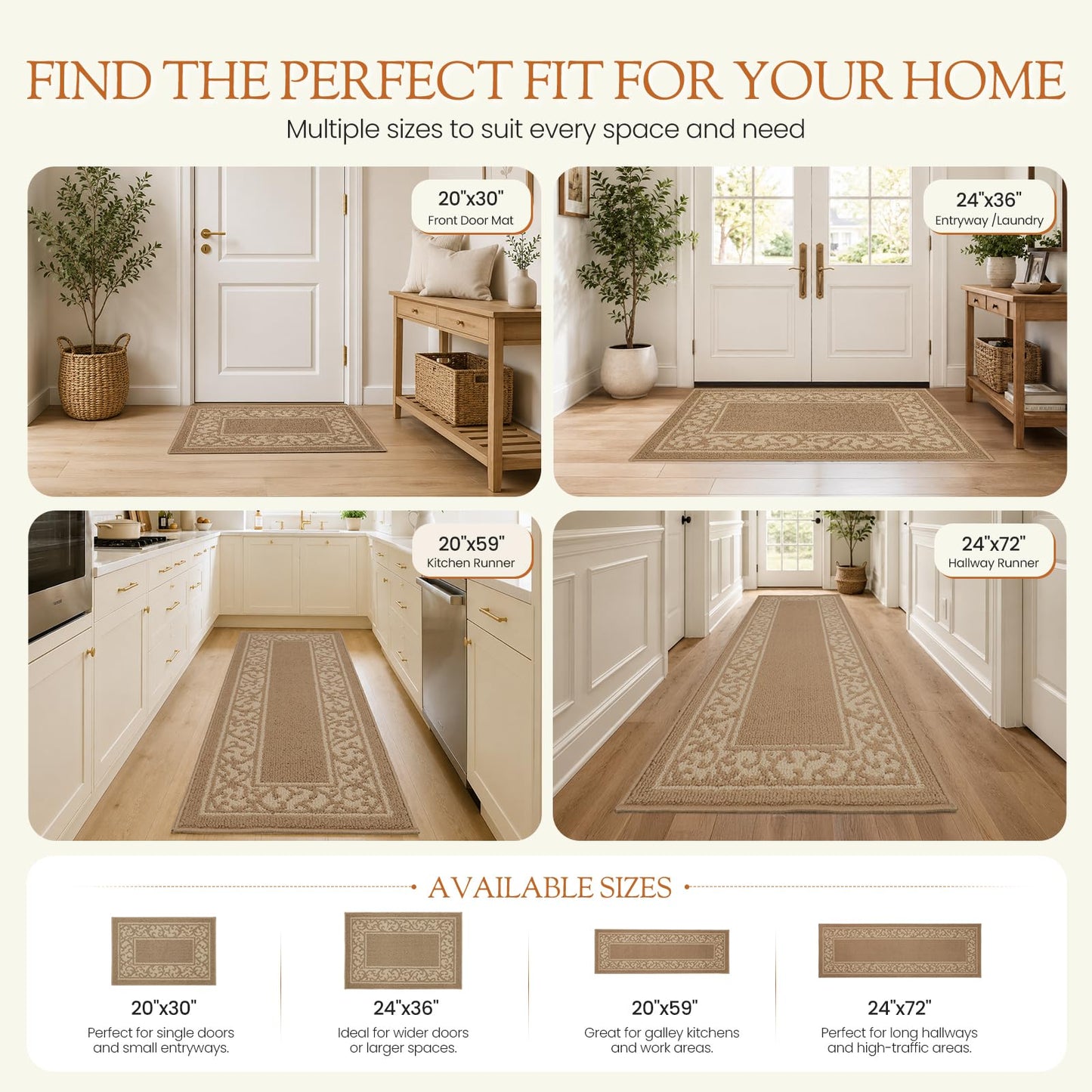 Washable Runner Rug 2x6 Ft, Non-Slip Hallway Rug with Rubber Backing, Kitchen Runner, Low Profile Indoor Carpet for Entryway, Laundry Room, Bedroom. (Border Beige, 24‘’X72'')