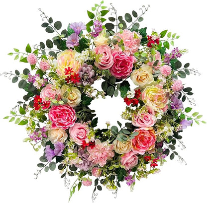 24 Inch Spring Summer Wreath for Front Door Outside Artificial Peonies Rose Flowers Morning Glory Mixed Flowers for Outdoor Front Door Indoor Wedding Wall Window Décor All Season