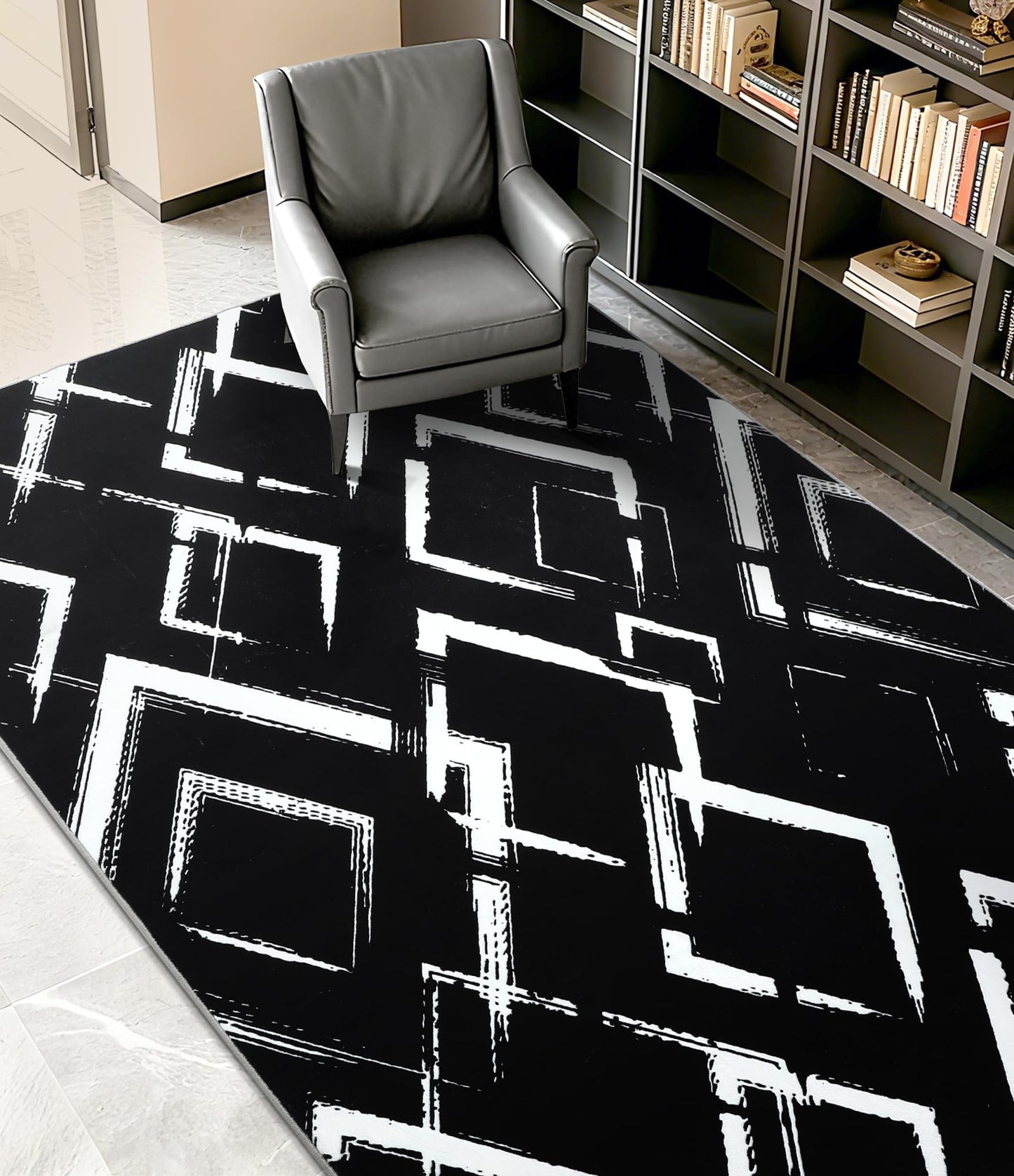YIHOUSE Black Modern Geometric Area Rug 5x7, Black and White Rug with Abstract Diamond Patterns,Non-Shedding Washable Rugs for Bedroom, Home Office and Small Living Room