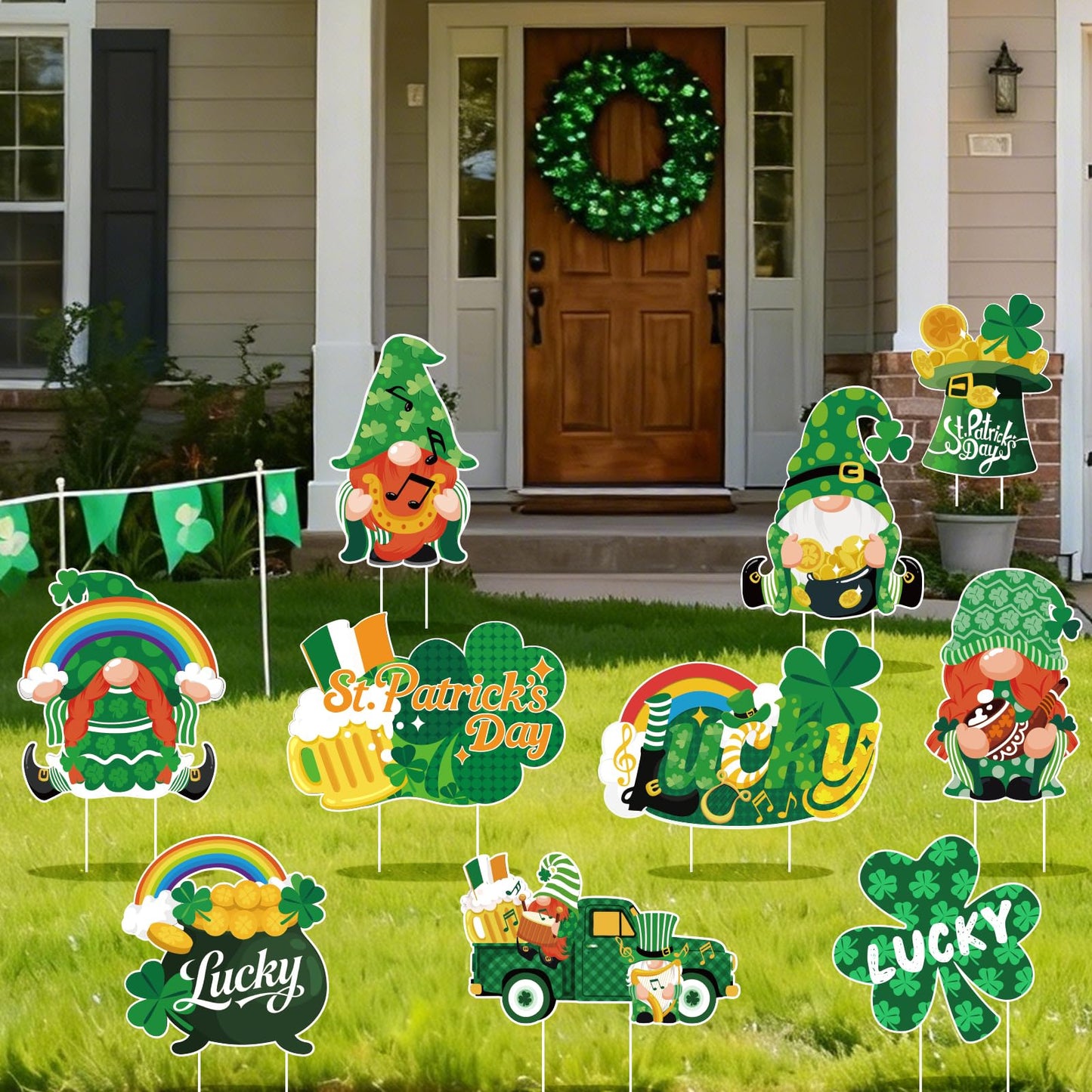 GXGGUS 10Pcs St. Patrick's Day Yard Sign Decorations Gnome Lawn Outdoor Decor with Stakes Saint Patricks Day lrish Home Garden Decorations