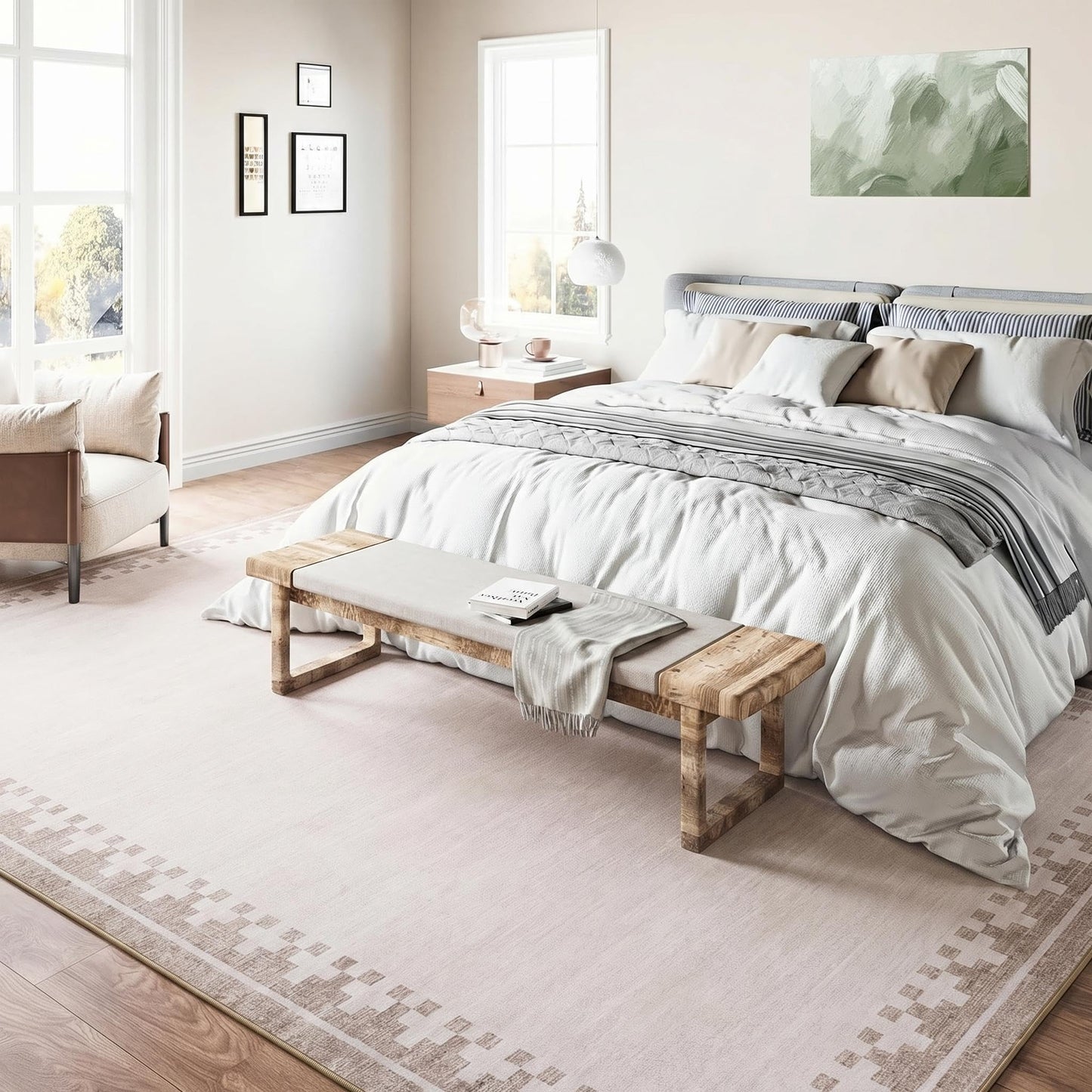 GarveeHome 9x12 Large Beige Area Rugs Cross Bordered Washable Low Pile Indoor Carpet Perfect for Living Room Home Office Bedroom Modern Non Slip Soft Dining Room Farmhouse Rug, Light Camel/Seashell