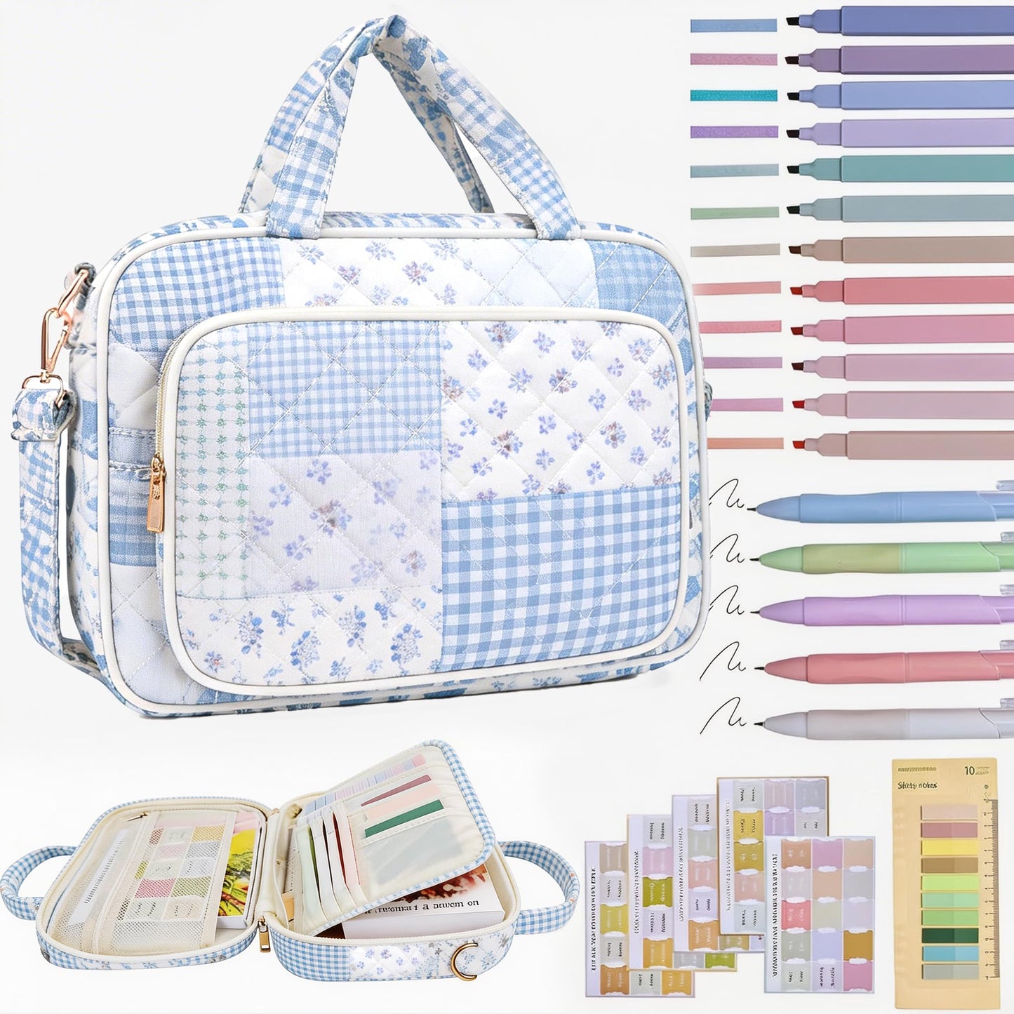 Bible Cover Case for Women Bible Study Supplies Christian Gifts for Women Church Camp Essentials Christian Bible Journaling Kit Quilted Large Bible Cover (Spliced Blue Flower, Large)