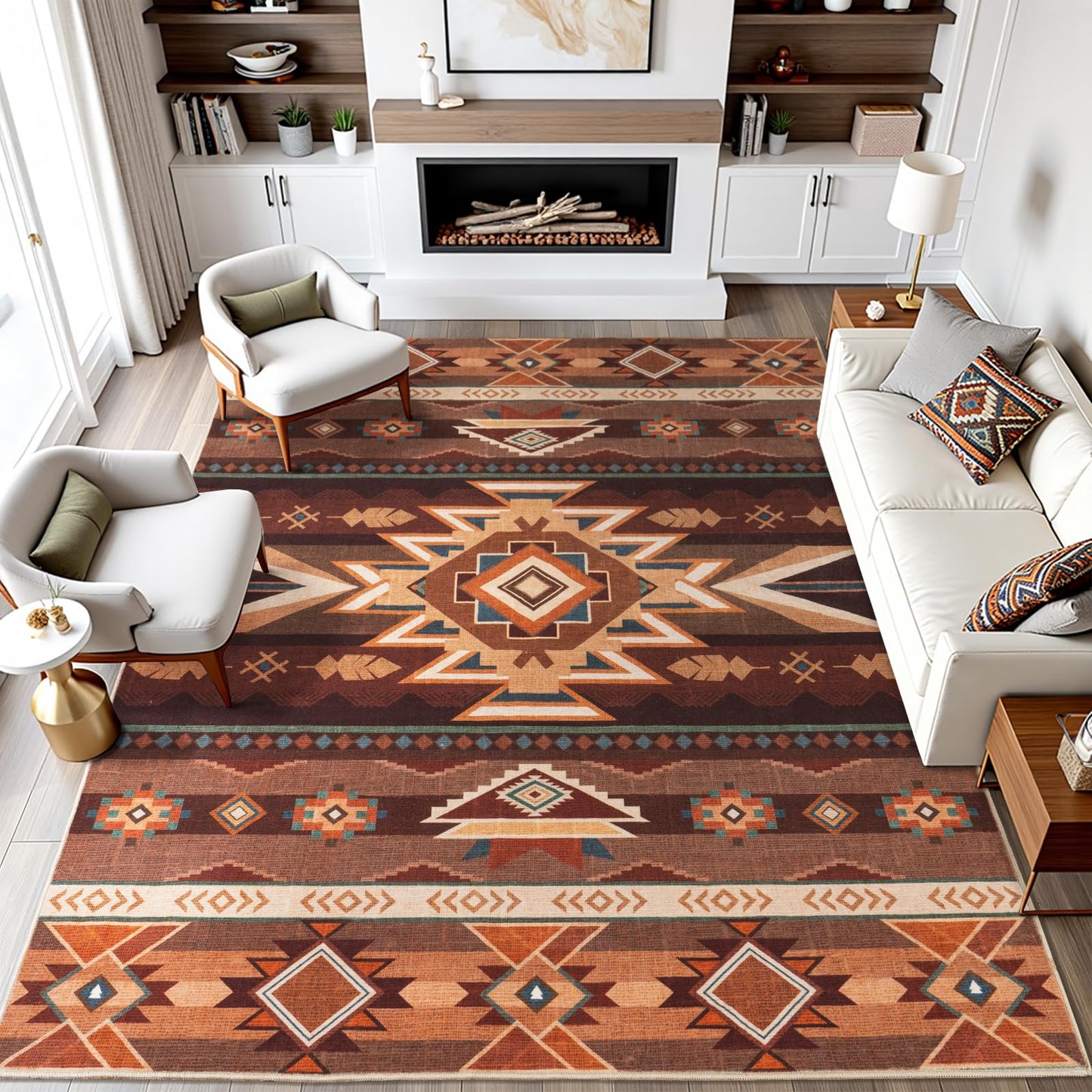 Western Rug for Living Room, 5x7 Non Slip Low Pile Aztec Rug for Bedroom, Dining Room Rugs for Under Table, Office, Machine Washable Area Rugs, Red Brown