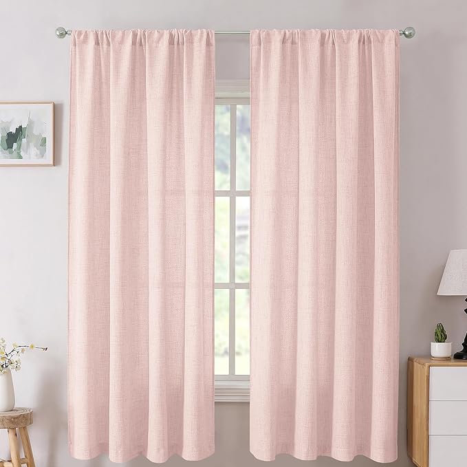 Tollpiz Linen Curtains Living Room Rod Pocket Semi Sheer Curtain Burlap Light Filtering Thick Linen Drapes for Bedroom, 38 x 63 inches Long, Pink, Set of 2 Panels