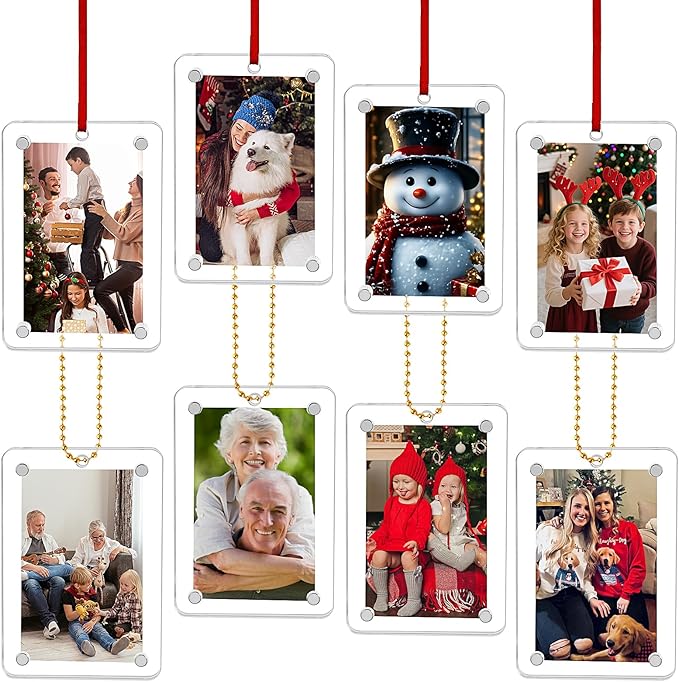 Christmas Photo Ornament Set of 4, 2x3'' Iridescent Acrylic Hanging Picture Frame for Family Photo, Christmas Tree, Holiday Decoration, Multifunctional Magnetic Picture Frames for Car and Fridge Decor