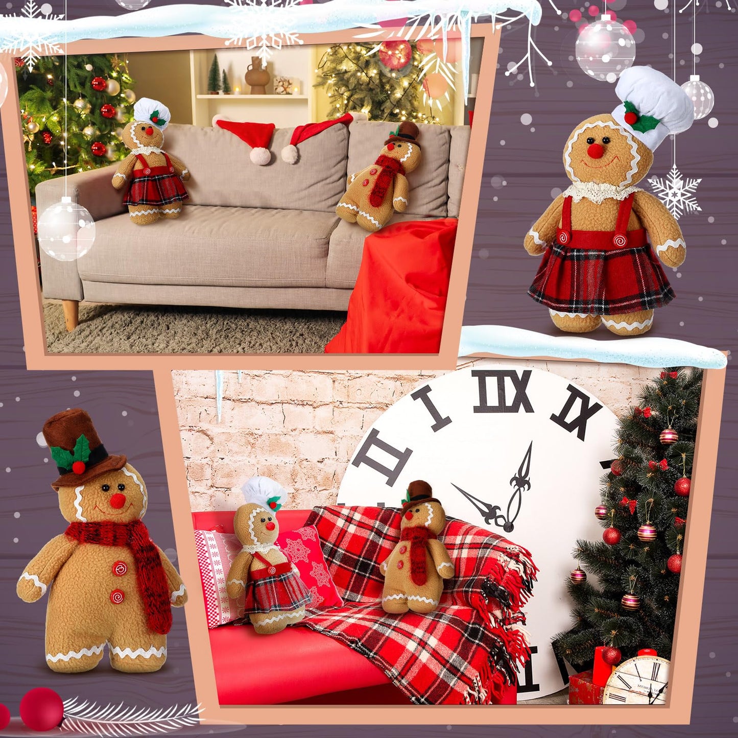 Bencailor 2 Pcs Christmas Throw Pillow Plush Gingerbread Men Pillows Cute Snowman Pillows for Xmas Party Bedroom Cushion Decor(Gingerbread Boy Girl)