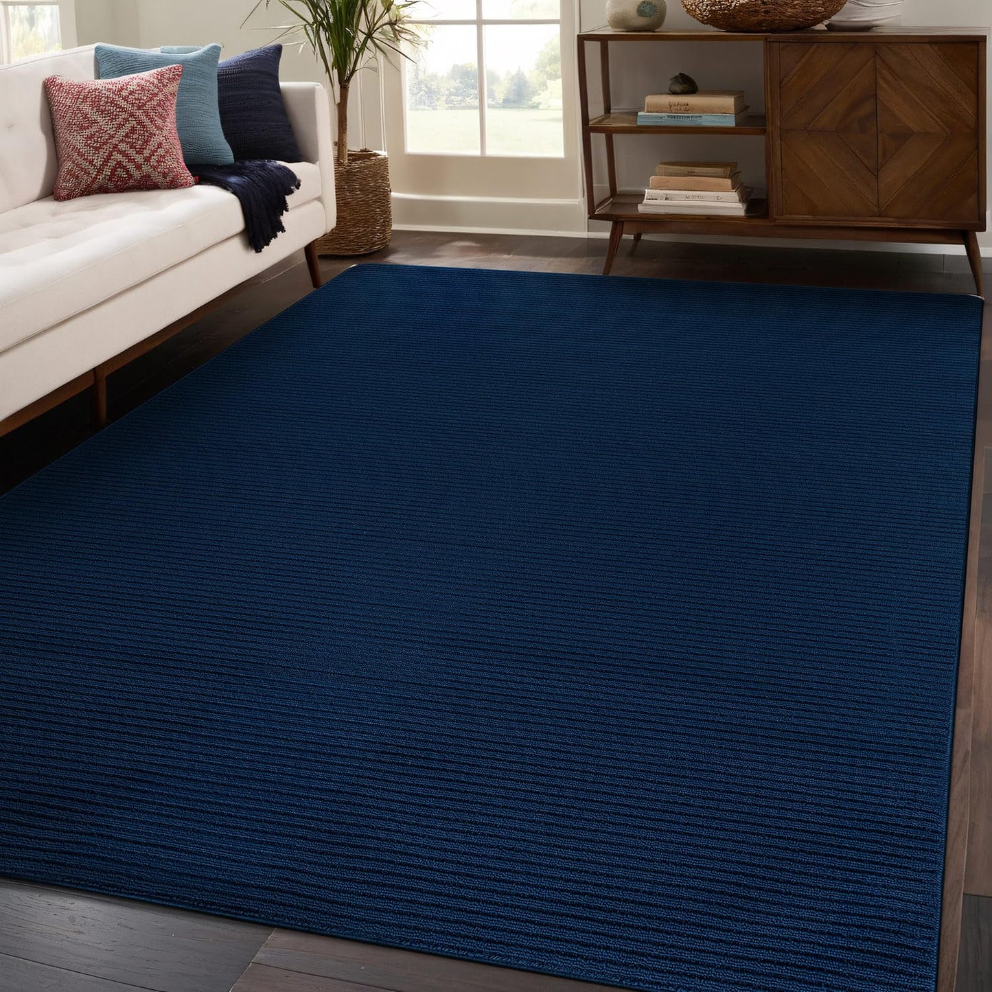 Beverly Rug Non-Slip Modern Rug 5x7 Solid Traditional Rubber Backing Machine Washable Soft Thin Indoor Area Rugs for Living Room Stain Resistant Non Shedding Casual Carpet (5 x 7 Navy Blue)
