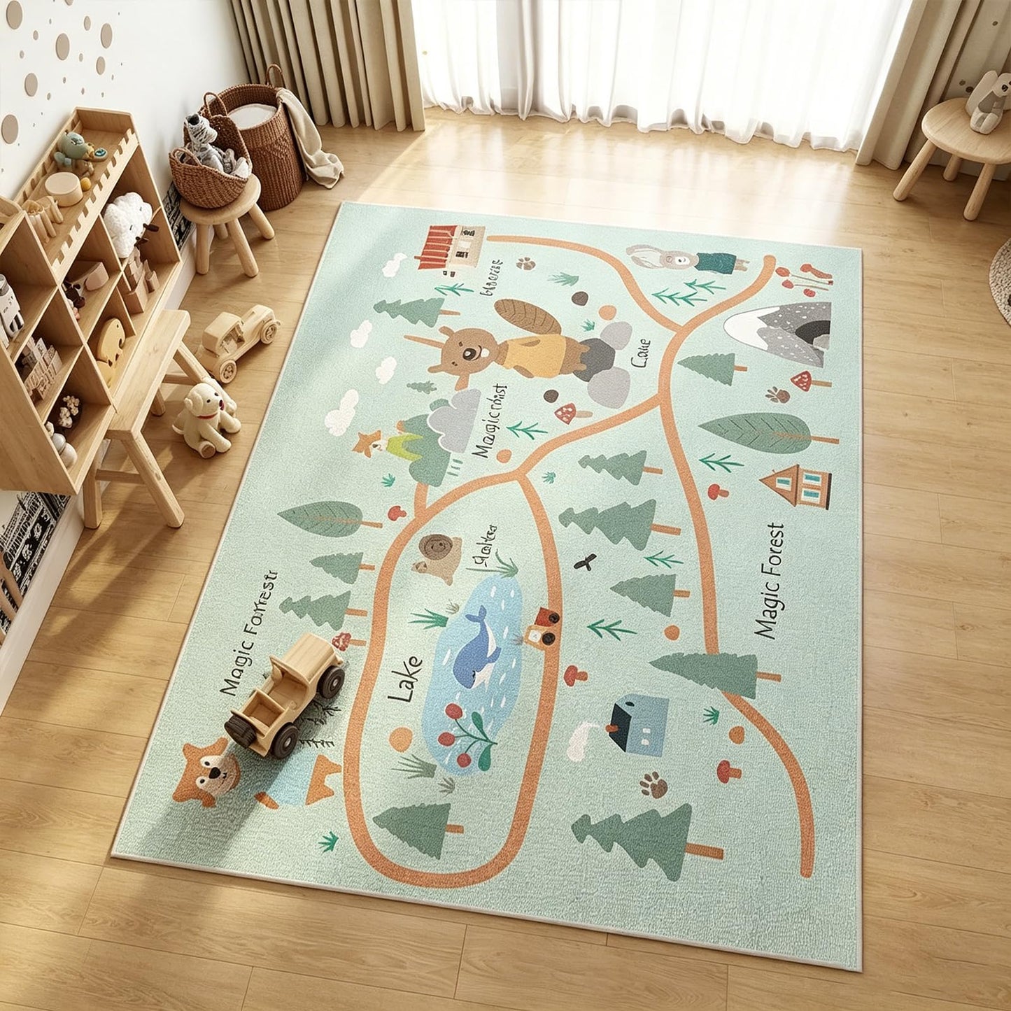 Jessruly Extra-Large Car Rug Play Mat – City Road, World Map & Magic Forest Design, Soft Carpet for Indoor Play & Room Decor (50 x 80 cm / 19.69 x 31.50 in)