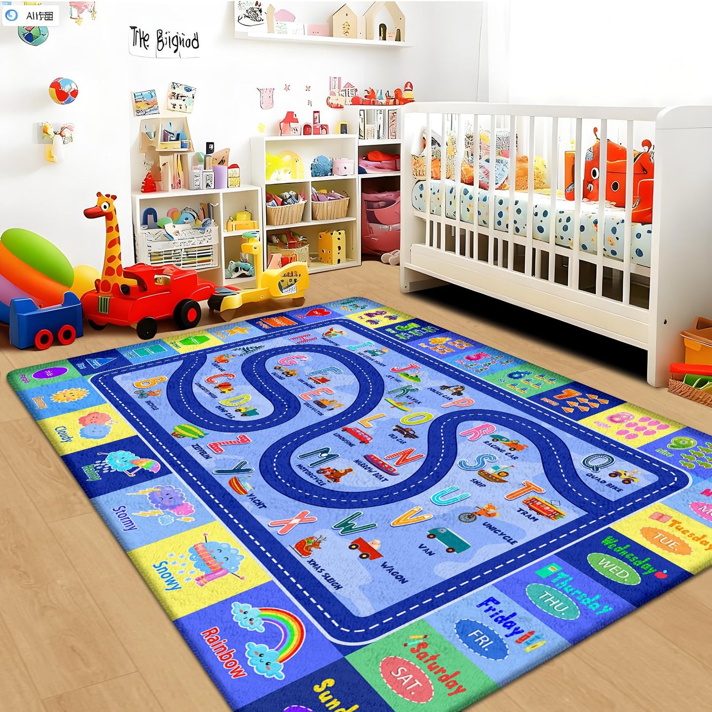 Kids Rug for Playroom, Educational Classroom Rug for Kids Room, Washable Nursery Rugs, Soft Non-Slip Play Mat for Learning ABC Carpet, Vehicles, Numbers, Animals, Colors, Shape, Season 4x6 Feet