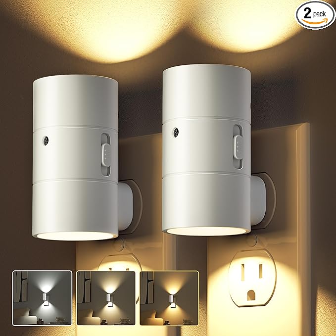 Night Lights Plug Into Wall,Dimmable LED Nightlight with Dusk to Dawn Light Sensor,0-100LM Adjustable Brightness,3 Color Temperatures,Night Light for Hallway Bathroom Stair Bedroom,White,2 Pack
