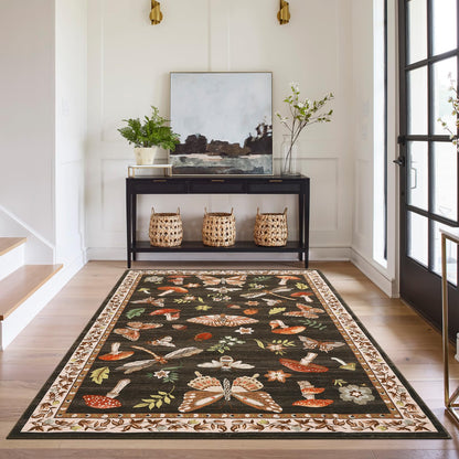 ROYHOME Mushroom Washable Rug 5x7 Area Rugs for Living Room, Insect Print Rug for Bedroom, Non Slip Throw Carpet with Rubber Back, Soft Low Pile Dining Room, Brown