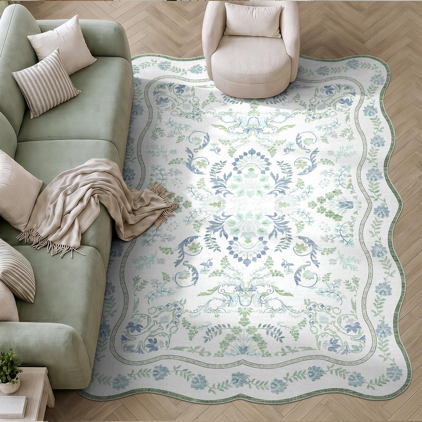 DCX Green and Blue 9x12 Rug, Kid & Pet Friendly with Rubber Back Non Slip, Washable Stain Resistant Botanical Scalloped Rug for Living Room, Bedroom, Soft Low Pile Large Nursery Carpet