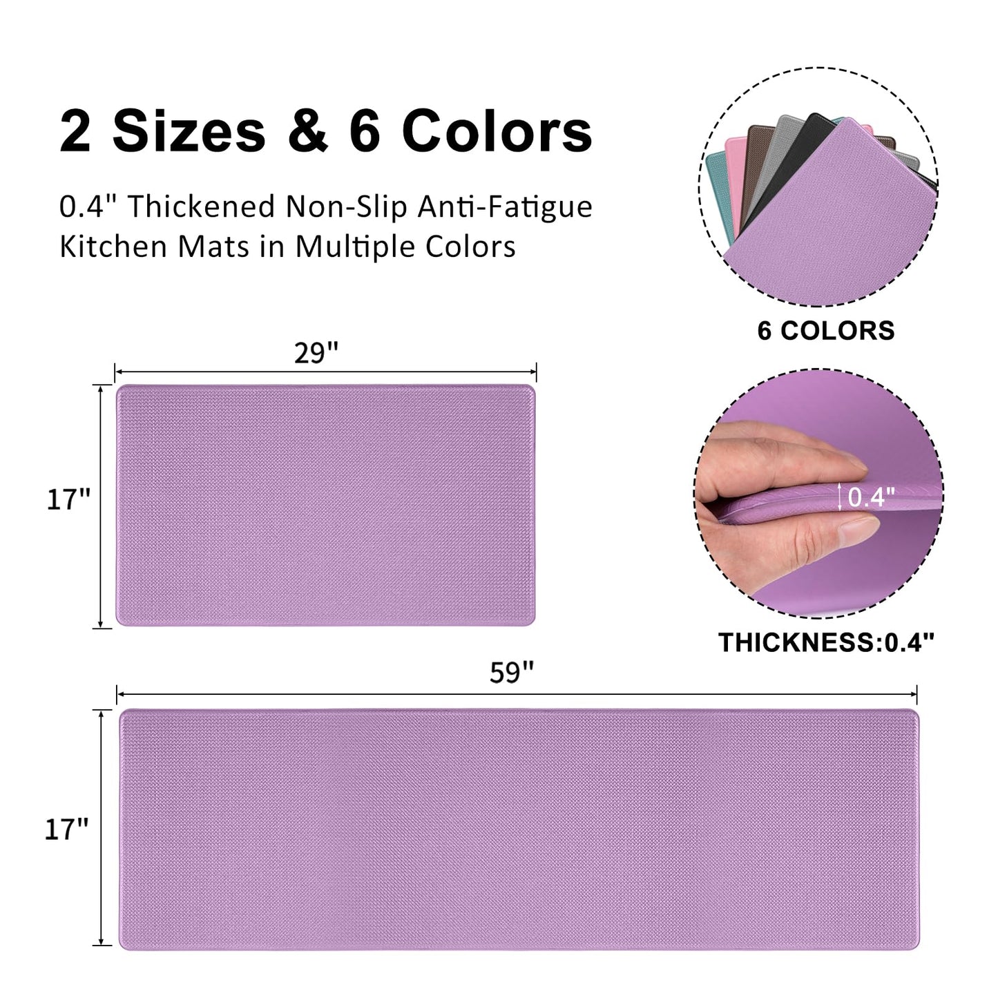 AUTODECO Kitchen Mats and Rugs Set of 2 - Cushioned Anti-Fatigue Kitchen Rug for Floor Washable 17"x29" +17"x59", Lightpurple