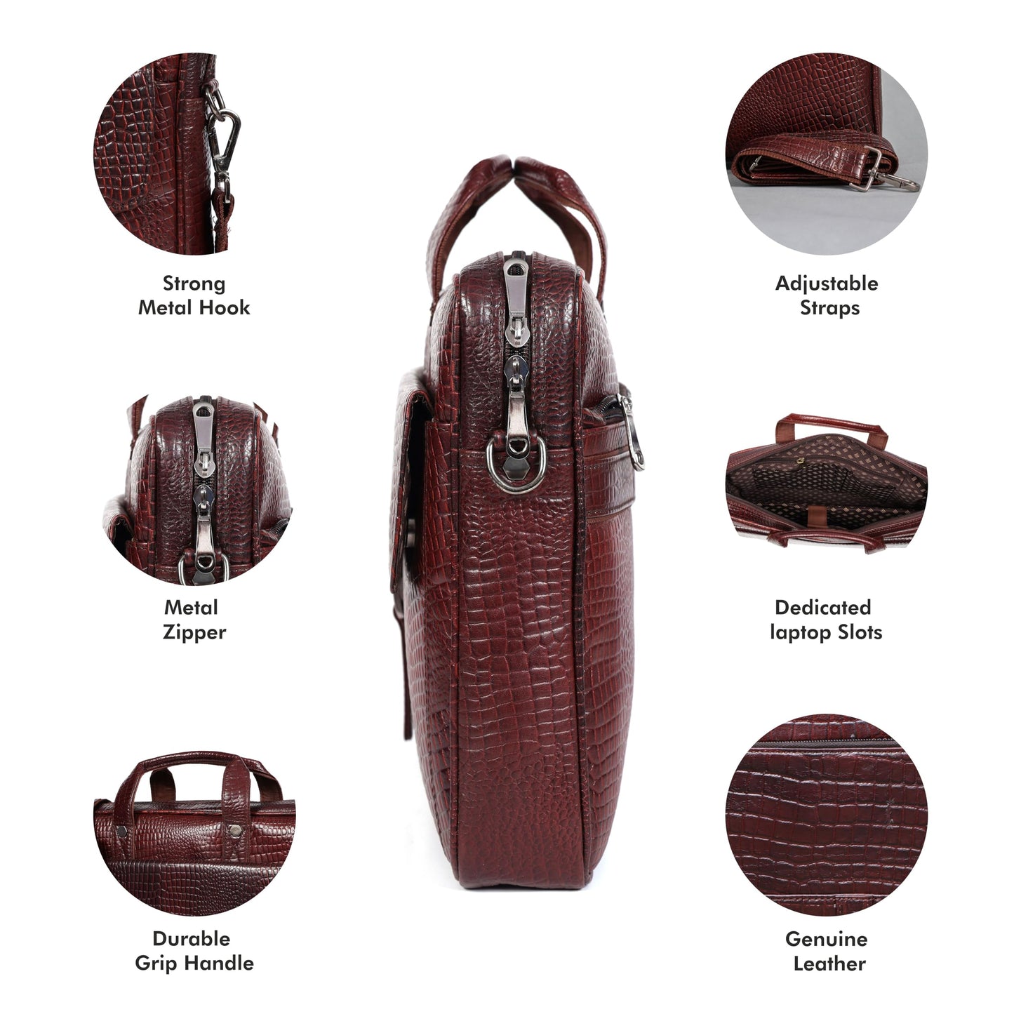 Leder Luxus 16" Crocodile Embossed Leather Briefcases for Men, Laptop Briefcase For Men, Satchel Shoulder Bag,2 Zipper Pockets, 2 Spacious Compartments,1 Flap Pocket 12x16x4 inches (Classic Brown)