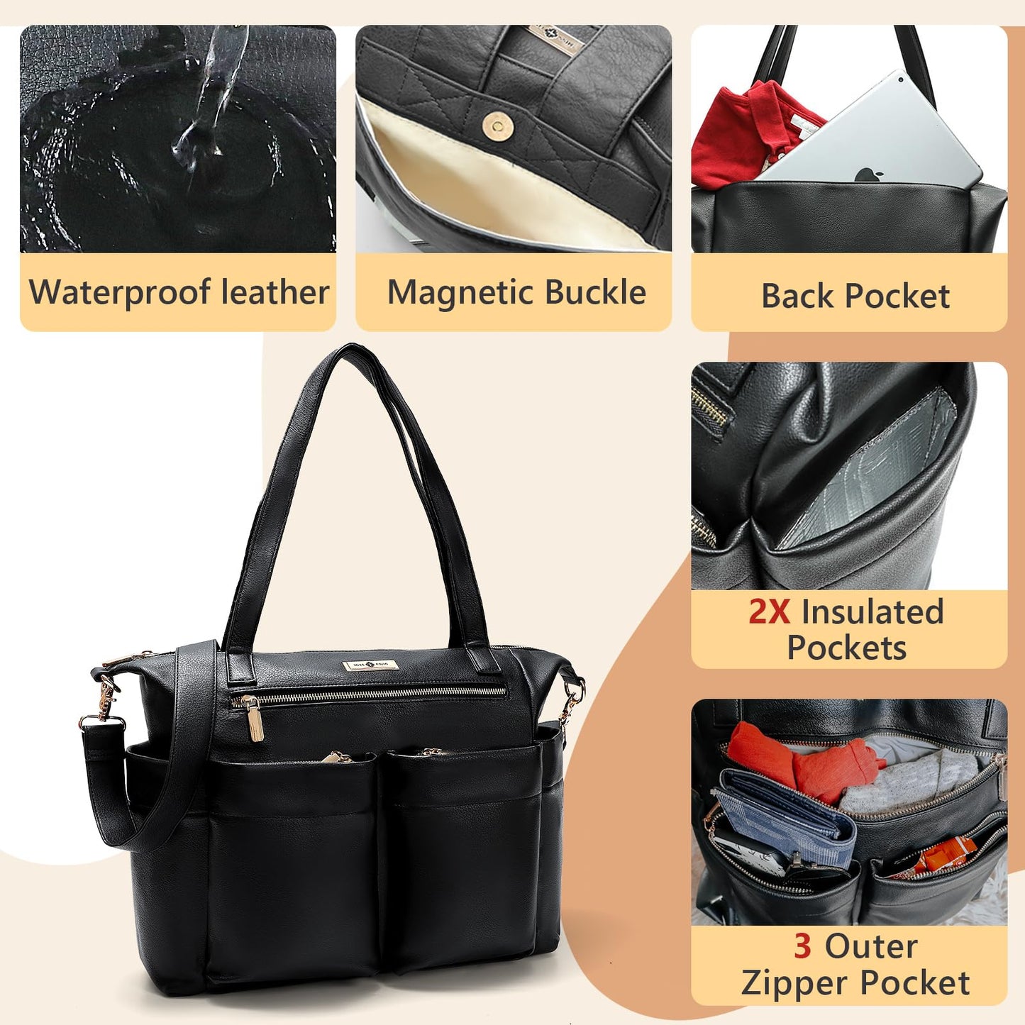 miss fong Diaper Bag Tote Leather Diaper Bag Backpack Pañaleras Para Bebe with 15 Pockets,Leather Diaper Tote with Diaper Changing Pad, Baby Bag for Moms Mommy Bag for Women-Black
