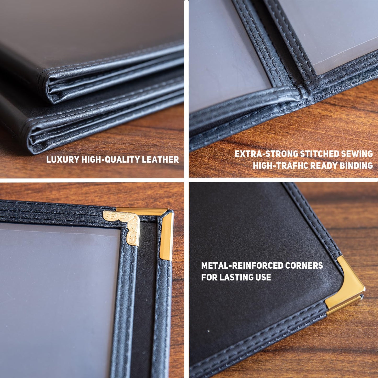 2-Pack Menu Covers for Restaurant 8.5x11 Inch, Black Faux Leather Menu Holder with 2 Pages (4 Views), Wine List & Dinner Menu Book for Bar Hotel Café