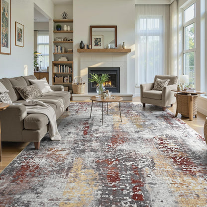 Living Room Rug 7x10 Beige Area Rugs Machine Washable Abstract Boho Large Rug Non-Slip Non-Shedding Faux Wool Indoor Vintage Carpet for Bedroom, Classroom, Dining Room, Kids Playroom