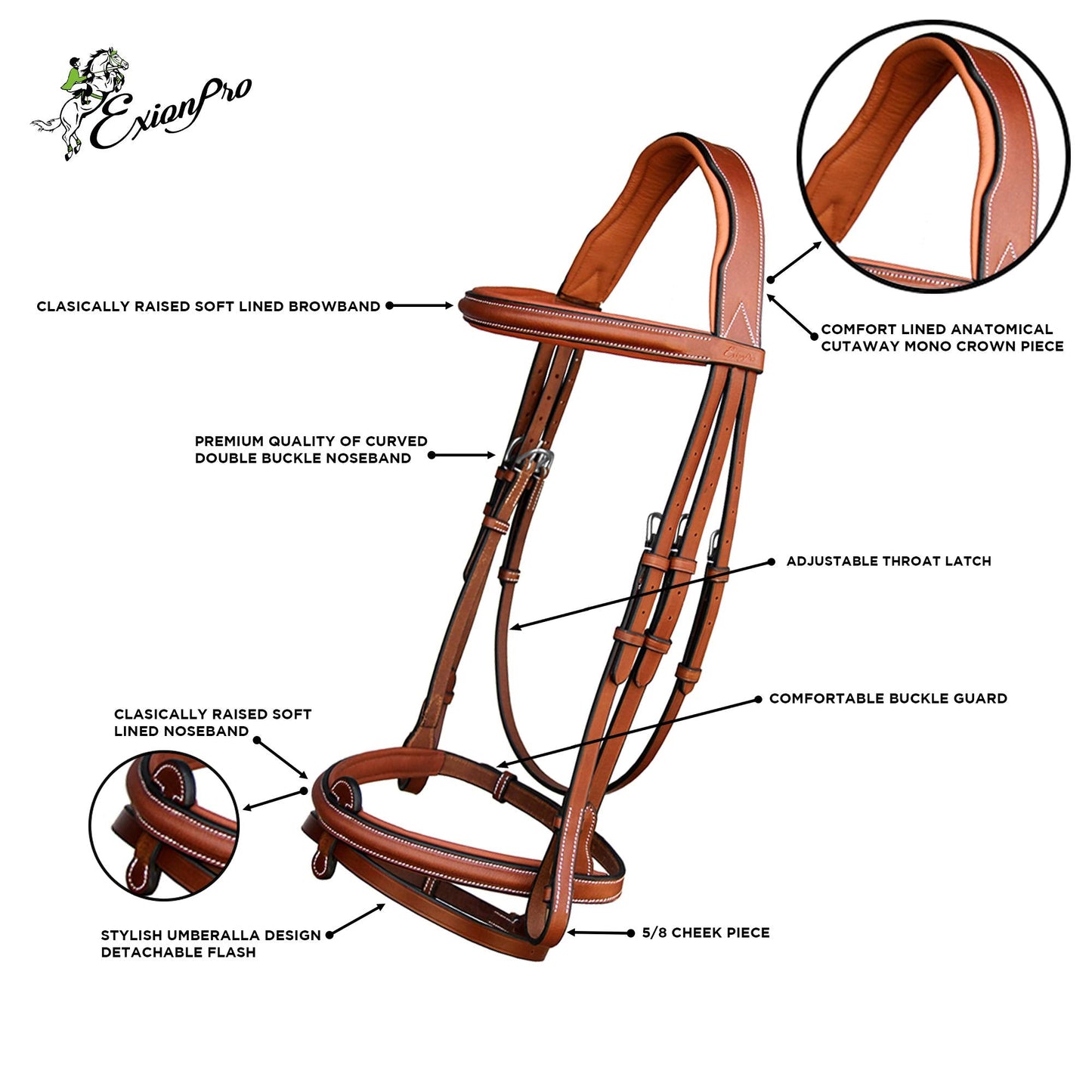 ExionPro English Hunter Jumping Bridle for Horses with Removable Flash Soft Yet Strong Rubber Reins | Royal Hunter Bridle | English Bridle for Horses (Conker, Full)