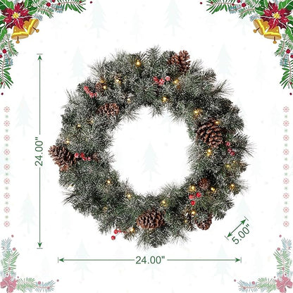 Glitzhome 24" D Pre-Lit Glittered Pine Cone Christmas Wreath with Warm White LED Lights and Timer for Front Door Wall Window Party Decor