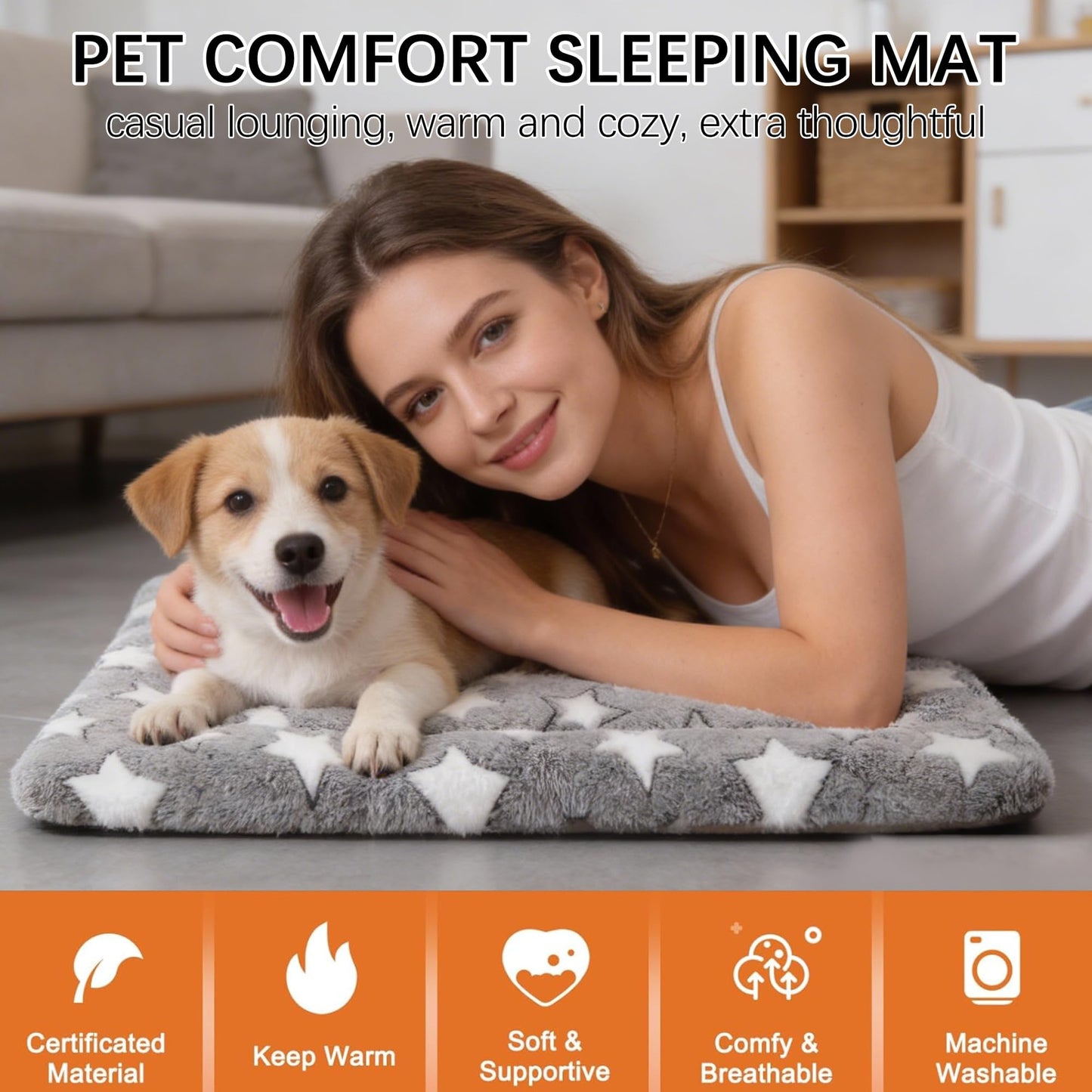Fogkiss Dog Bed Mat, Reversible Crate Pad & Cute Dog Bed - Machine Washable Kennel Mat with Ultra Soft for Small Dogs (Cool/Warm), 24" x 18", Grey&Star
