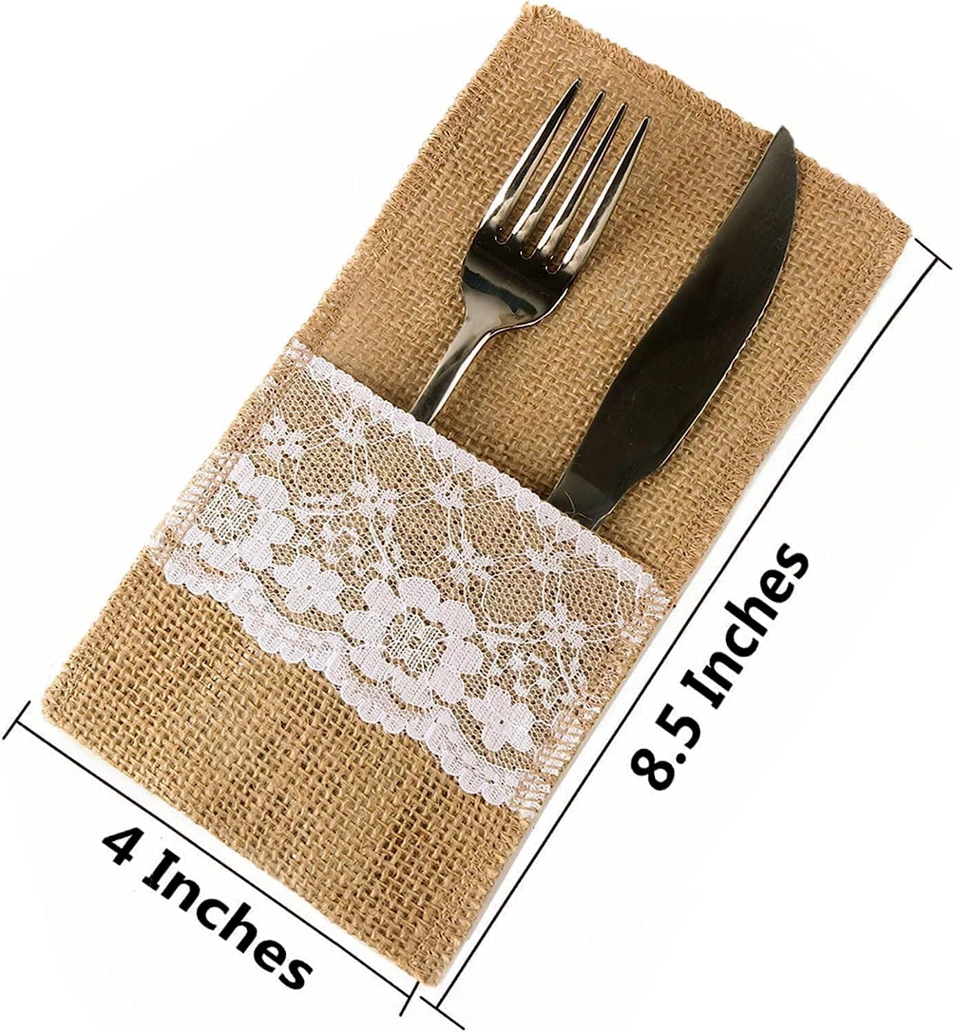 OZXCHIXU TM 100 Pack Natural Burlap Cutlery Holder Pouch Bag 4x8.5 Inch with Lace Silverware Napkin Holders Wedding Party Bridal Shower Table Setting Table Decoration