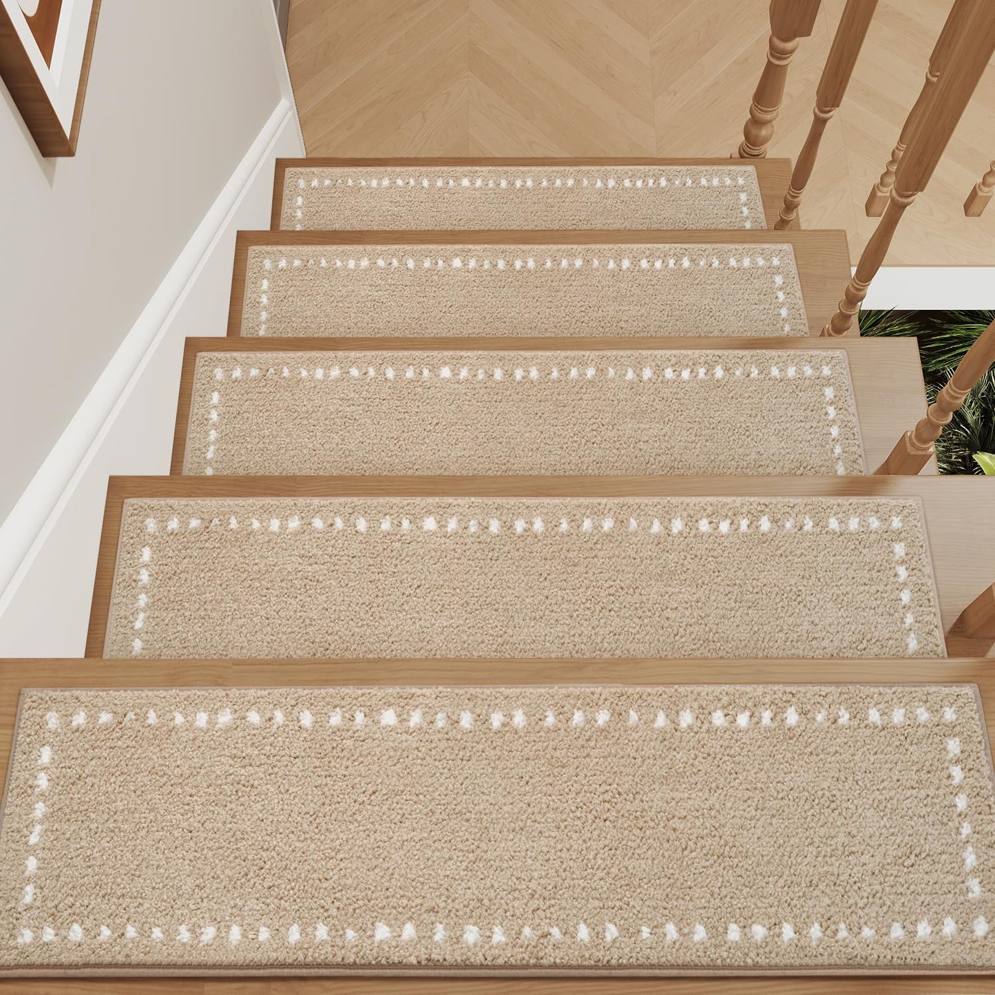 tchdio Stair-Treads Non Slip Indoor, Plush Stair Treads for Wooden Steps 15PC, Soft Peel and Stick Stair Treads, Carpet Stair Treads Reusable for Kids and Pets, Washable Stair Runner 8"x30" Beige