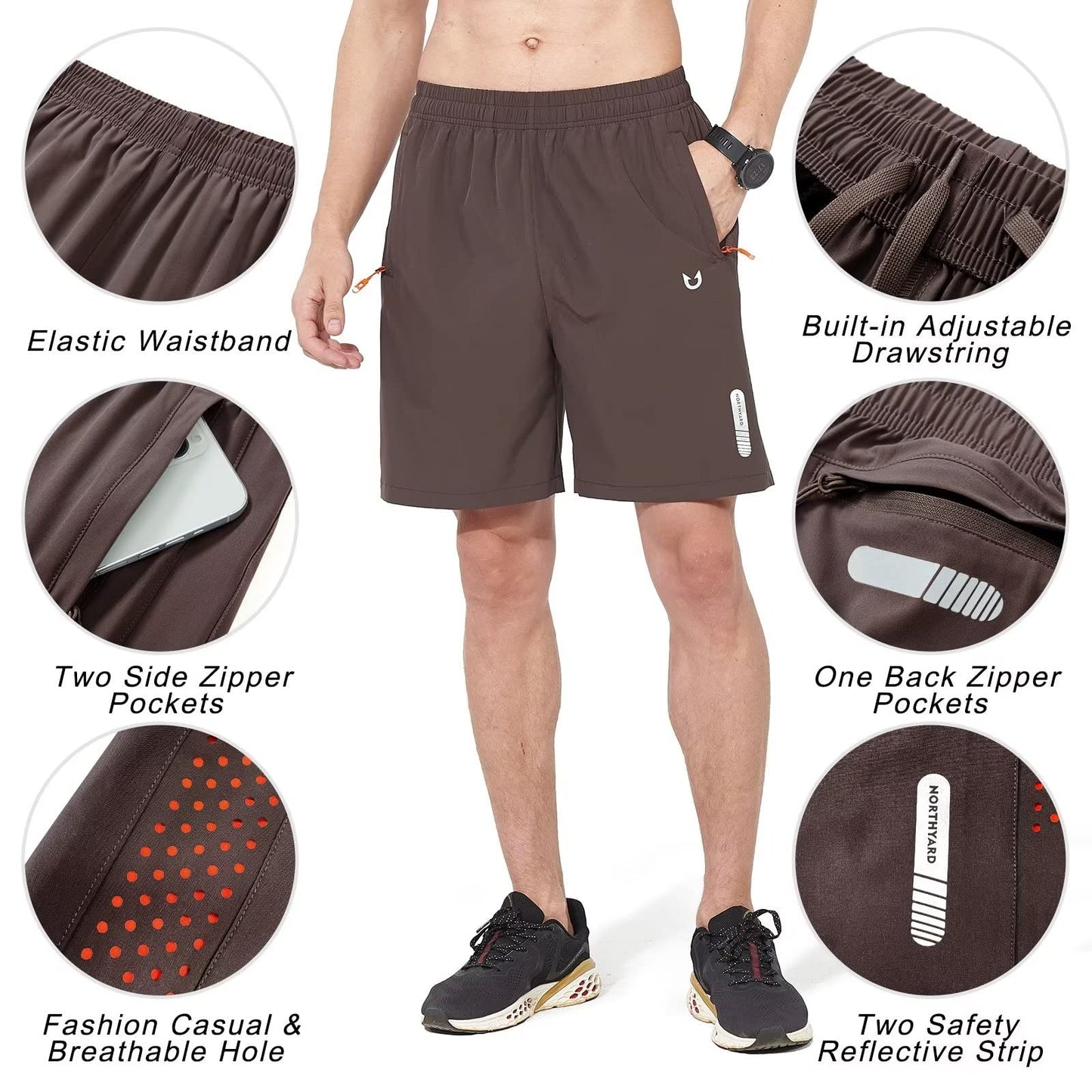 NORTHYARD Men's Athletic Running Shorts Gym Workout 7"/9"/5" Quick Dry Lightweight Sports Basketball Tennis 3 Zipper Pockets Coffee 3XL