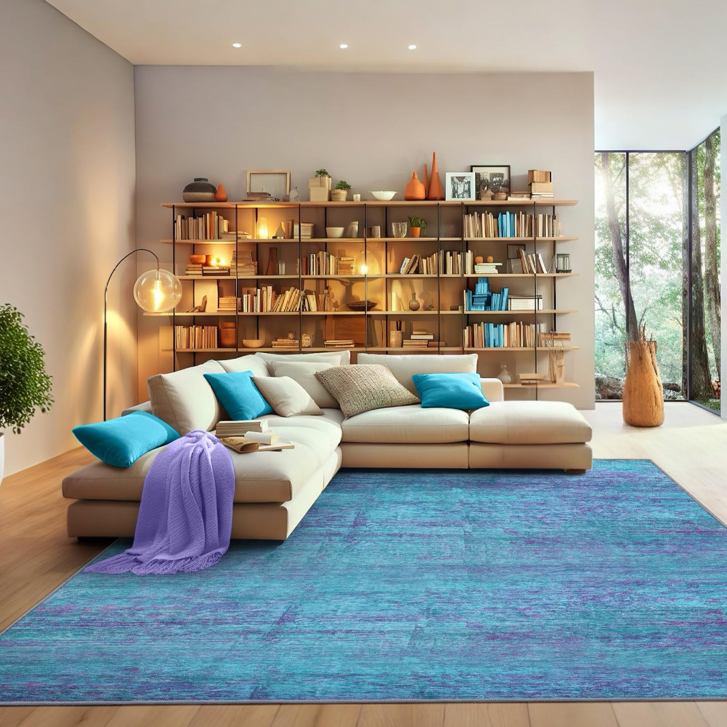 FLYRUGGO Abstract 5x7 Area Rug, Modern Teal Purple Throw Rugs for Living Room, Washable Soft Large Non-Slip Accent Carpet Floor Mat for Dining Room Office Bedroom - Teal+Purple