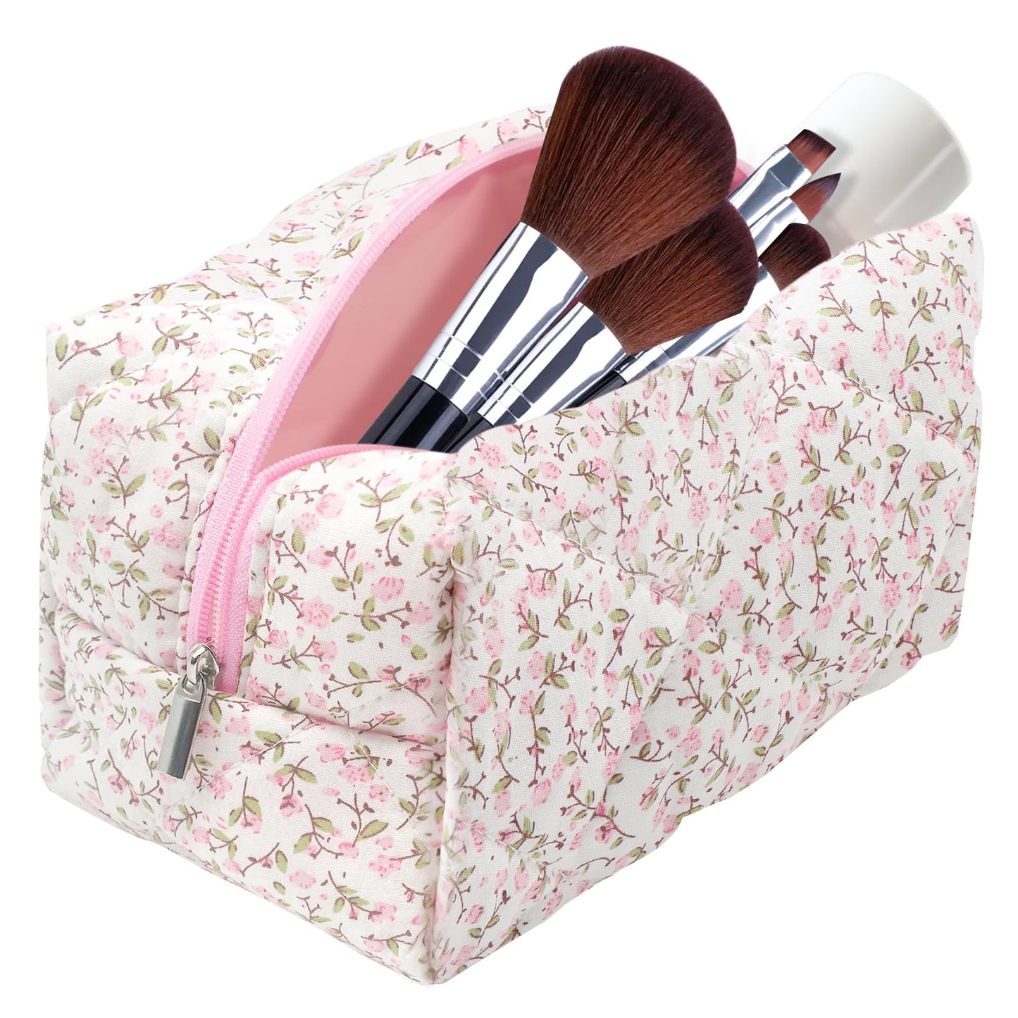 dark swan Cotton Quilted Makeup Bag, Cute Pouch Toiletry Bag Cosmetic Bag Quilted Floral Organizer Bag Travel Coquette Aesthetic Portable Storage Zipper Purse for Women (Pink)