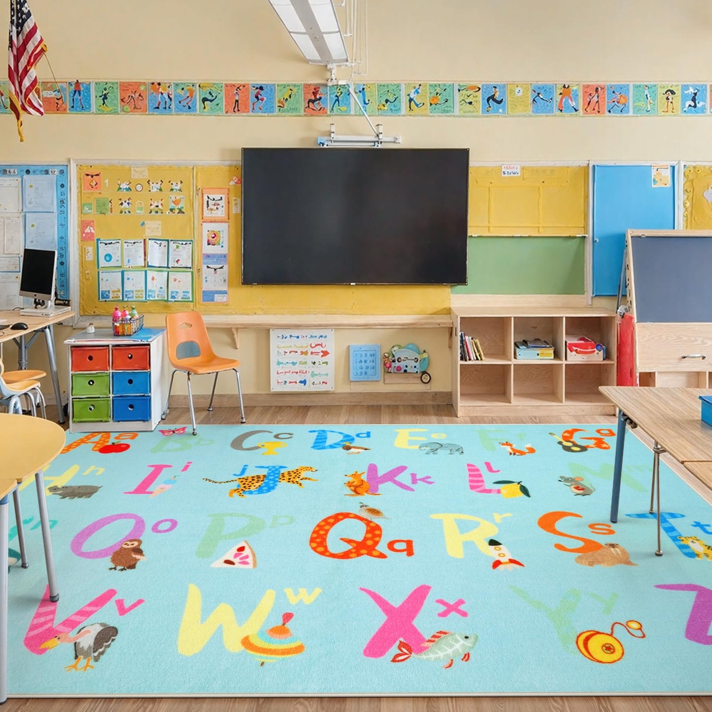 LIVEBOX 7'5" x 13' Blue ABC Kids Classroom Carpet, Large Washable Alphabet Educational Learning Area Rugs for Classroom Elementary, Non-Slip Preschool Kids Teacher Rug for Kindergarten Daycare Baby