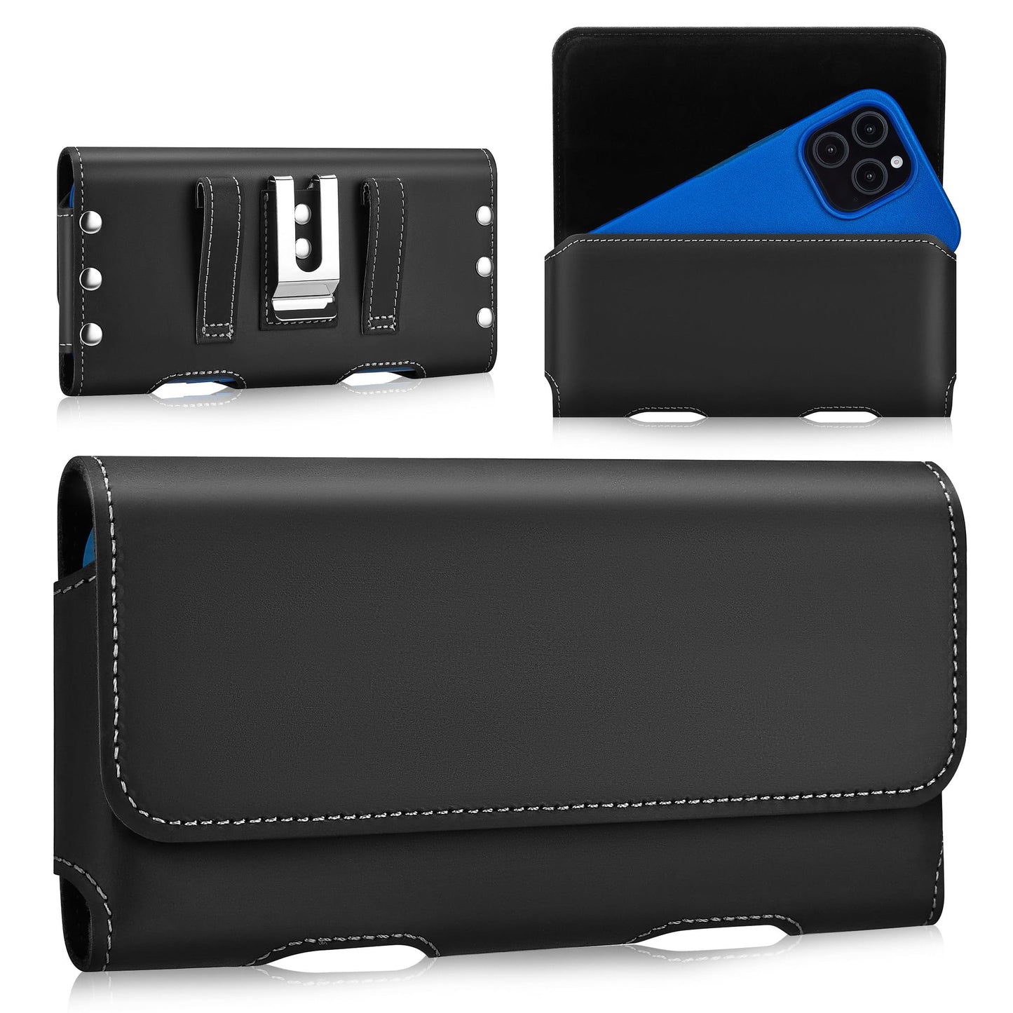 Gcepls Universal Cowhide Leather Phone Holster with Belt Clip Compatible with iPhone 17 Pro 17, 16 Pro 16,15 14 13 Pro,Samsung Galaxy S25 S24 S23 S22 S21 S20 (Black-Medium,Fits Thin Case on)