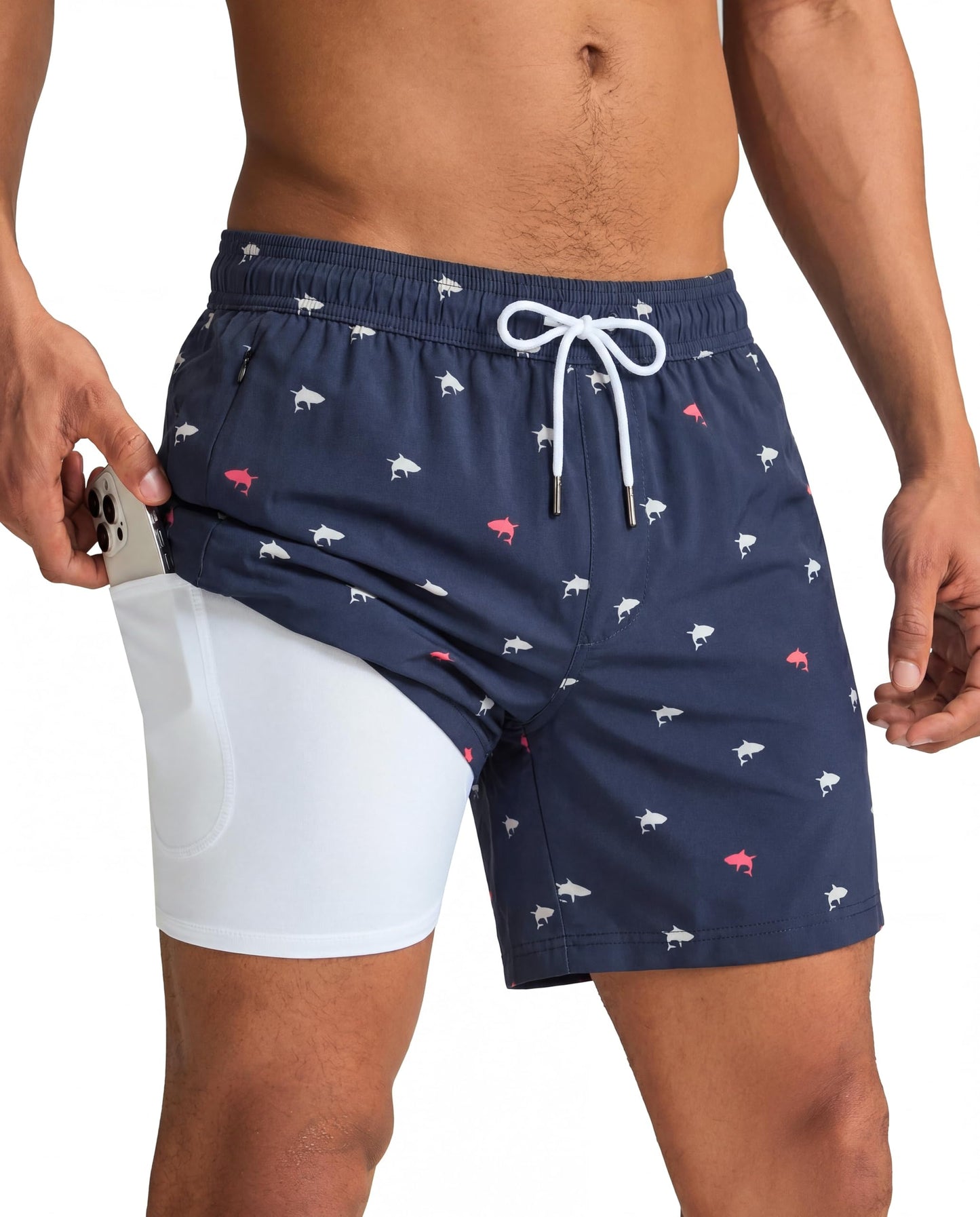 maamgic Mens Swim Trunks with Compression Liner 5 Inch, Quick Dry Bathing Suit with Zipper Pockets, Stretch No-Chafing Swim Shorts, Navy-Mini Shark Small