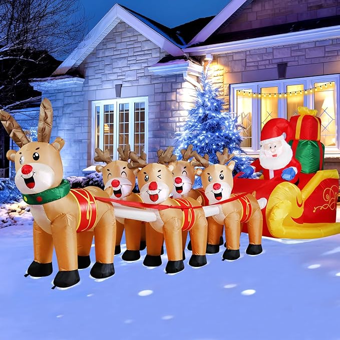 DomKom 12 FT Christmas Inflatable Outdoor Santa Claus on Sleigh with Five Reindeer, Building LED Lights, Blow Up Yard Decoration for Party Garden Lawn Winter Decor
