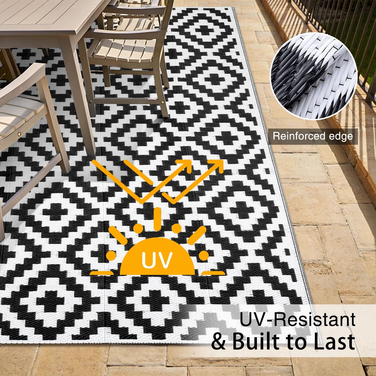 OLANLY Waterproof Outdoor Rug 5x8 ft, Outdoor Plastic Straw Rug for Camping, RV Mat Outside, Indoor Outdoor Carpet for Porch, Deck, Backyard, Balcony, Picnic, Black & White