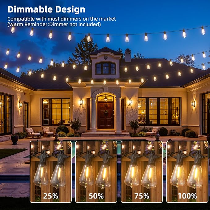 FOOMAN LED Outdoor String Lights, 100FT Outside Waterproof Patio Lights with 50+3 Shatterproof ST38 Edison Bulbs, 2700K Warm White Hanging Light, Dimmable Light for Back Yard Porch Party Gezebo