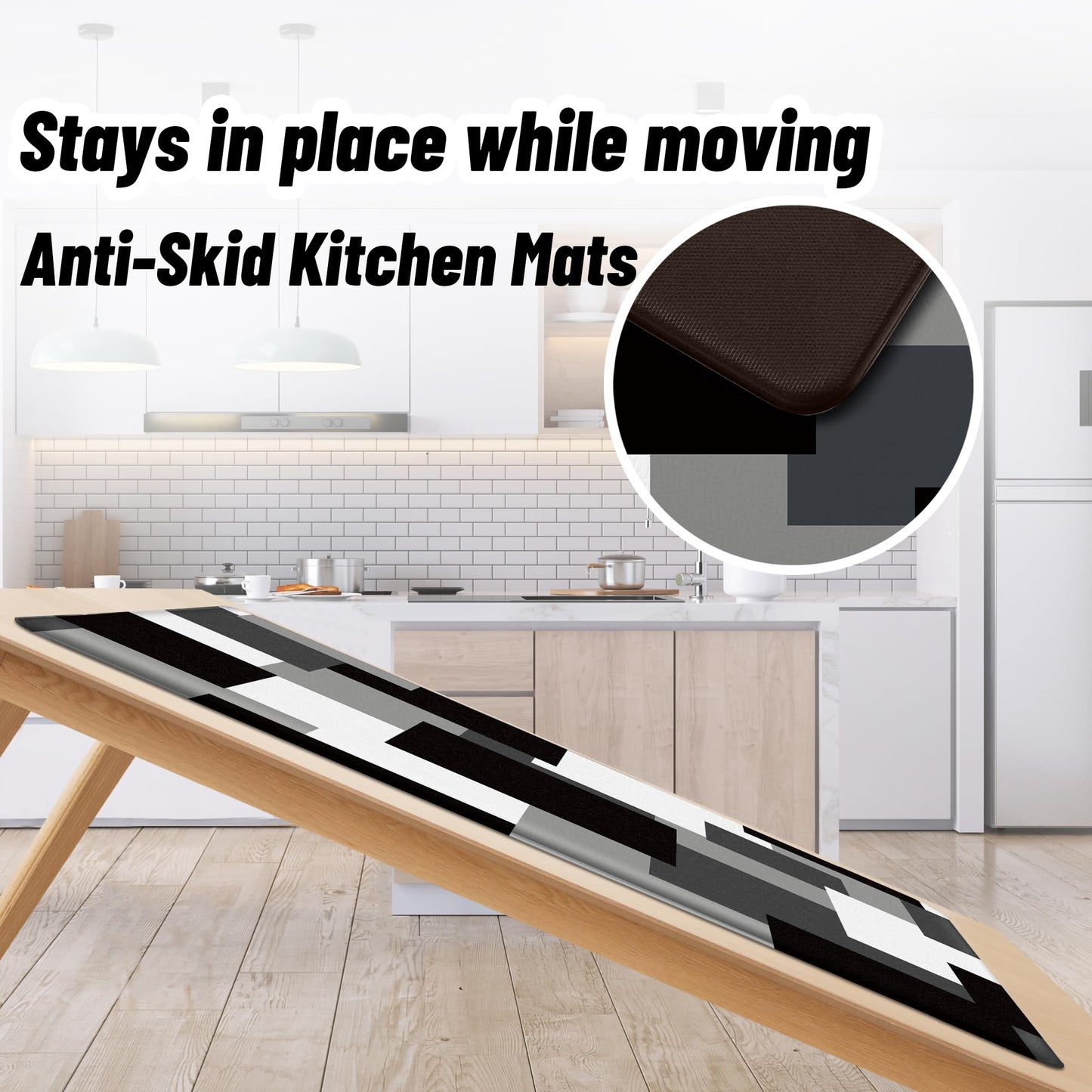 Tyrot Black Grey Kitchen Rugs Set of 2 Cushioned Anti Fatigue Kitchen Mats for Floor Non-Slip Waterproof Kitchen Floor Mats Geometric Ergonomic Cushioned Comfort Standing Mat for Laundry, Office, Sink
